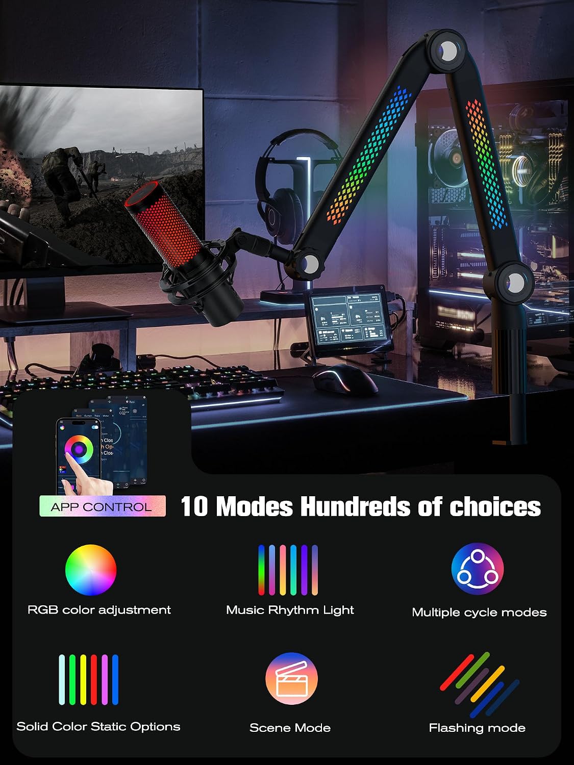BRAZO PARA MICRÓFONO SUNMON RGB AJUSTABLE CON ILUMINACIÓN RÍTMICA PARA BLUE YETI Y MÁS - 3