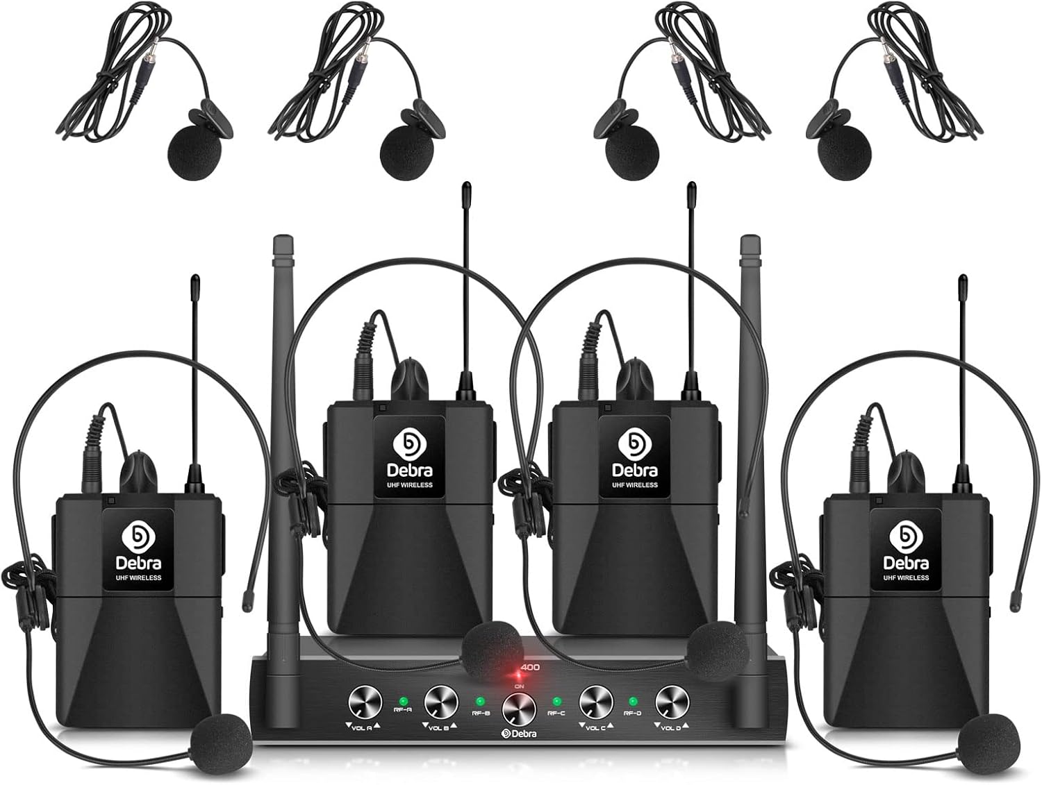 MICRÓFONO INALÁMBRICO D DEBRA AUDIO AU400 PRO UHF 4 CANALES CON MICRÓFONOS DE MANO, DE SOLAPA Y DIADEMA, RECEPTOR METÁLICO - 1