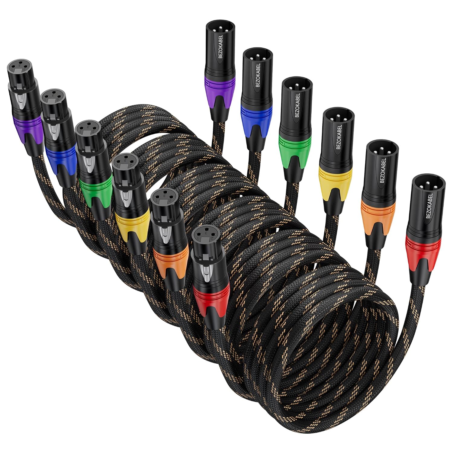 CABLE XLR BEZOKABEL 20FT PAQUETE 6 UNIDADES NYLON TRENZADO 3 PINES MACHO A HEMBRA - 1