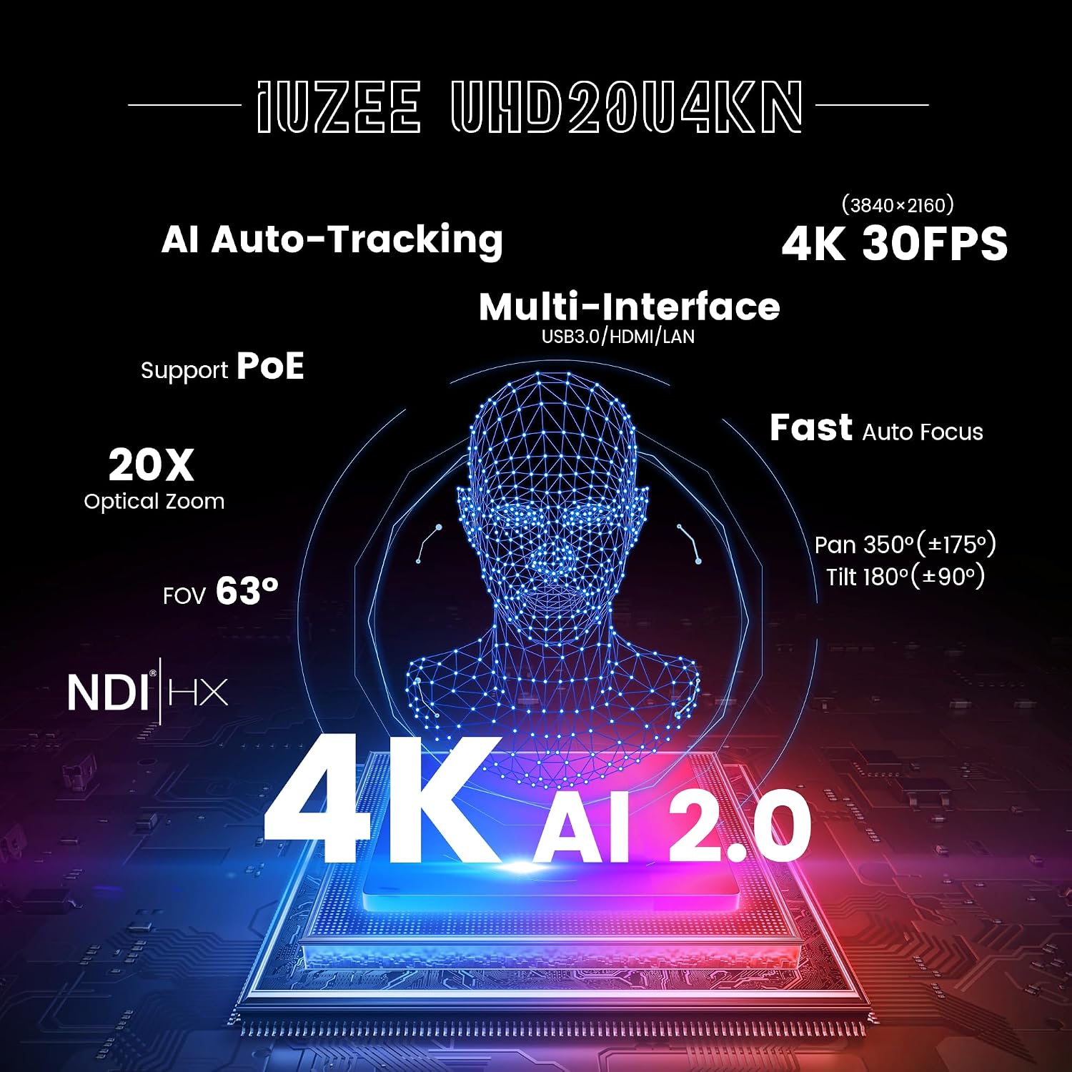 CÁMARA PTZ 4K IUZEE AI AUTO TRACKING 20X ZOOM ÓPTICO USB3.0 HDMI LAN POE - 2