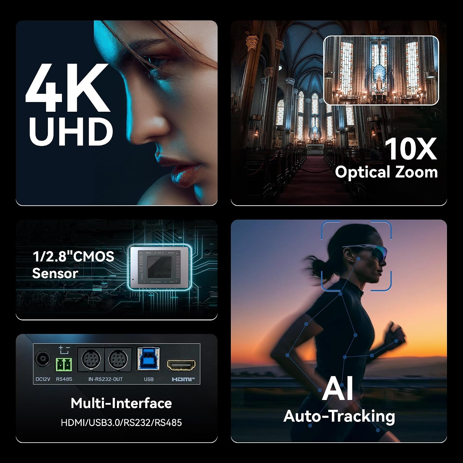 CÁMARA PTZ TONGVEO AI 4K CON ZOOM ÓPTICO 10X HDMI Y USB 3.0 - 3