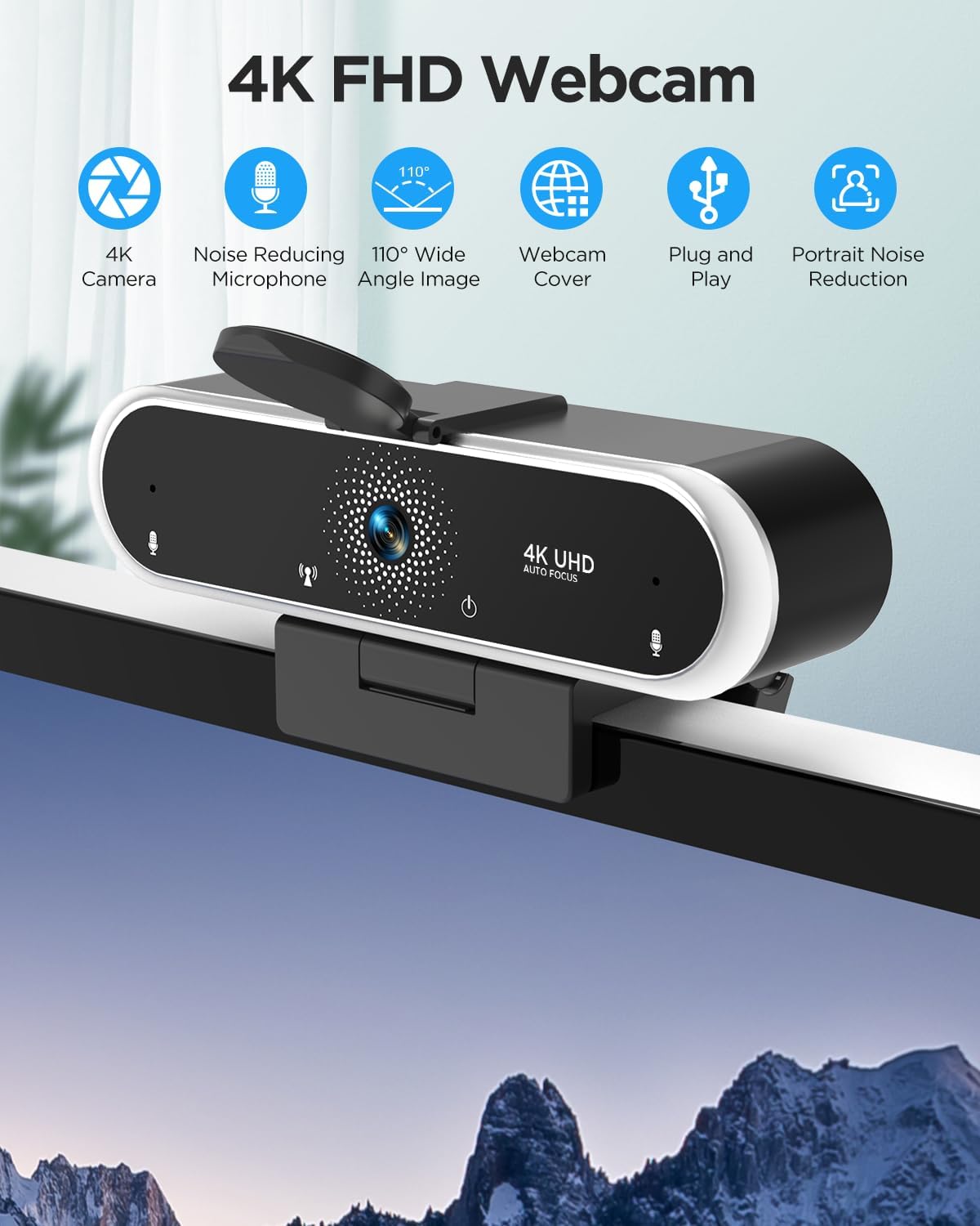 WEBCAM NIVEOLI 4K CON MICRÓFONO Y CUBIERTA DE PRIVACIDAD USB PARA PC Y LAPTOP NEGRA - 2