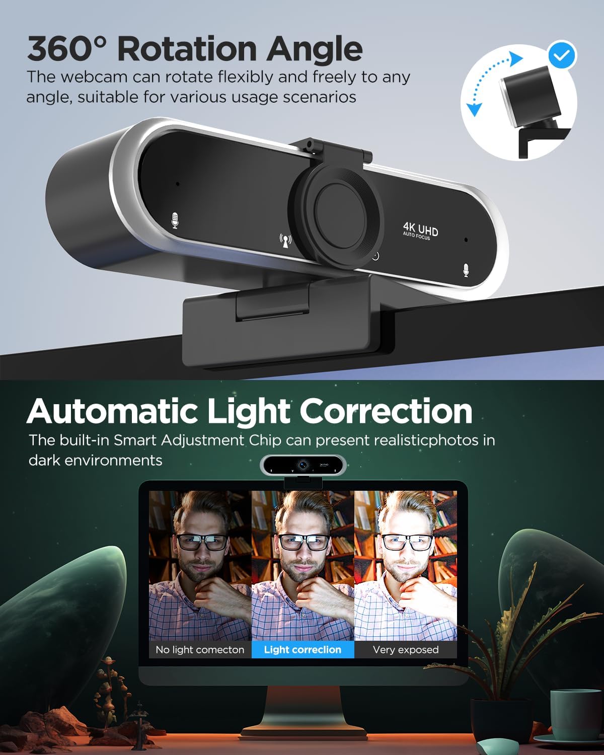 WEBCAM NIVEOLI 4K CON MICRÓFONO Y CUBIERTA DE PRIVACIDAD USB PARA PC Y LAPTOP NEGRA - 4