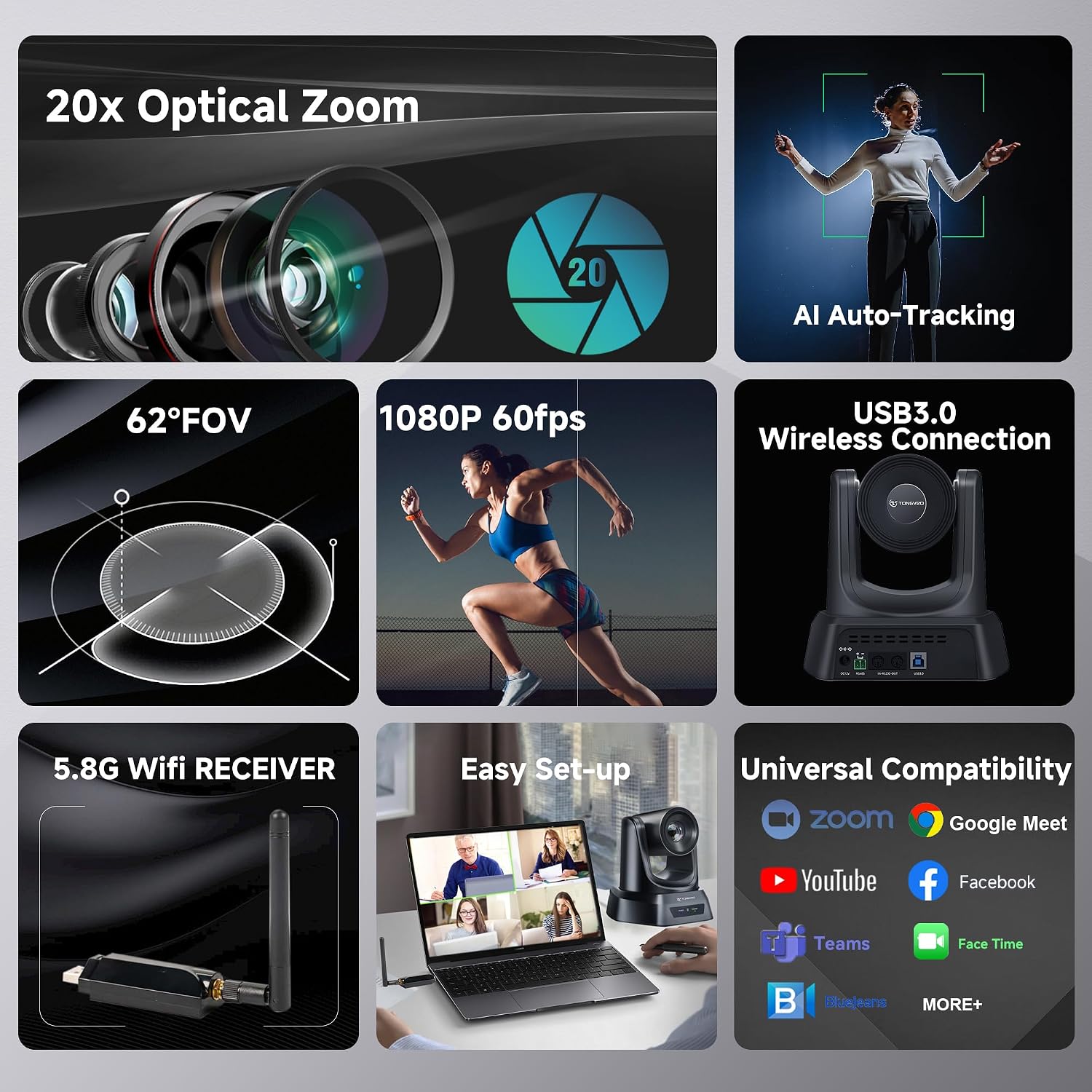 CÁMARA PTZ INALÁMBRICA TONGVEO AI 20X ZOOM 1080P 60FPS CON RECEPTOR 5.8GHZ - 5