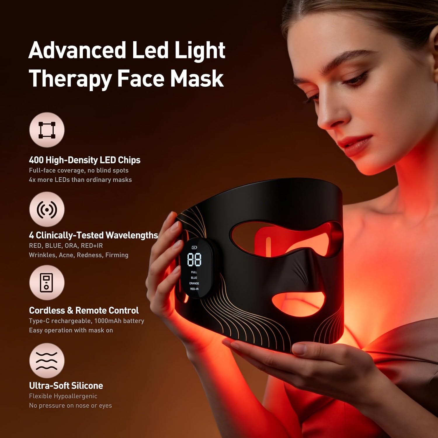 MÁSCARA DE TERAPIA DE LUZ ROJA INALÁMBRICA REALONE 400 LEDS CON INFRARROJO CERCANO 850NM - 3