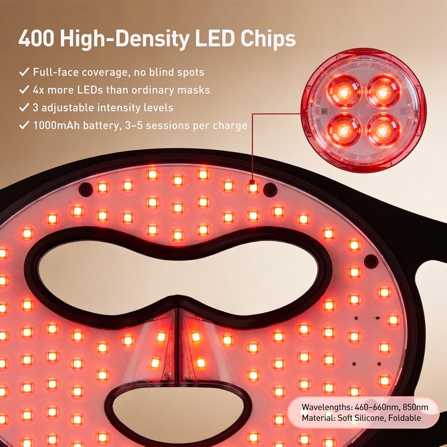 MÁSCARA DE TERAPIA DE LUZ ROJA INALÁMBRICA REALONE 400 LEDS CON INFRARROJO CERCANO 850NM - 5