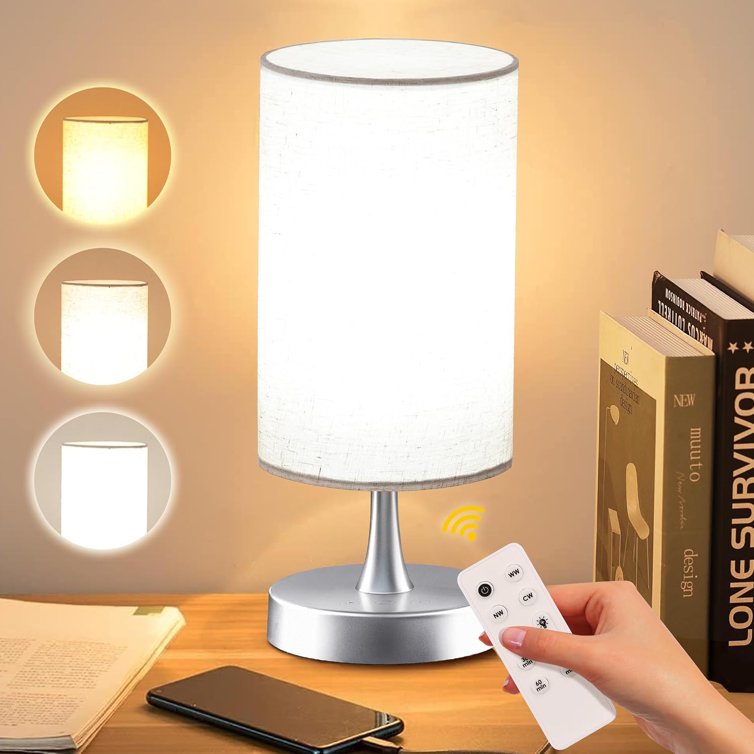 LÁMPARA DE TERAPIA DE LUZ CAROMOLLY 10000 LUX CON CONTROL REMOTO BASE PLATEADA Y PANTALLA DE LINO - 1