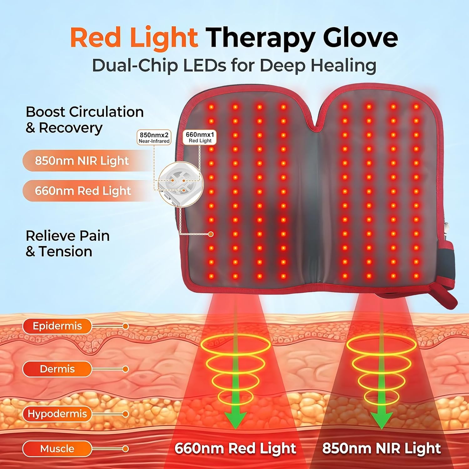 GUANTE DE TERAPIA DE LUZ ROJA BEYONDARKIE PARA ALIVIO DE DOLOR EN MANO, DEDOS Y MUÑECA, NEGRO - 2