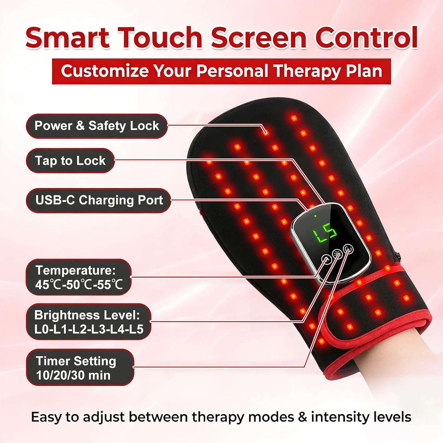 GUANTE DE TERAPIA DE LUZ ROJA BEYONDARKIE PARA ALIVIO DE DOLOR EN MANO, DEDOS Y MUÑECA, NEGRO - 3