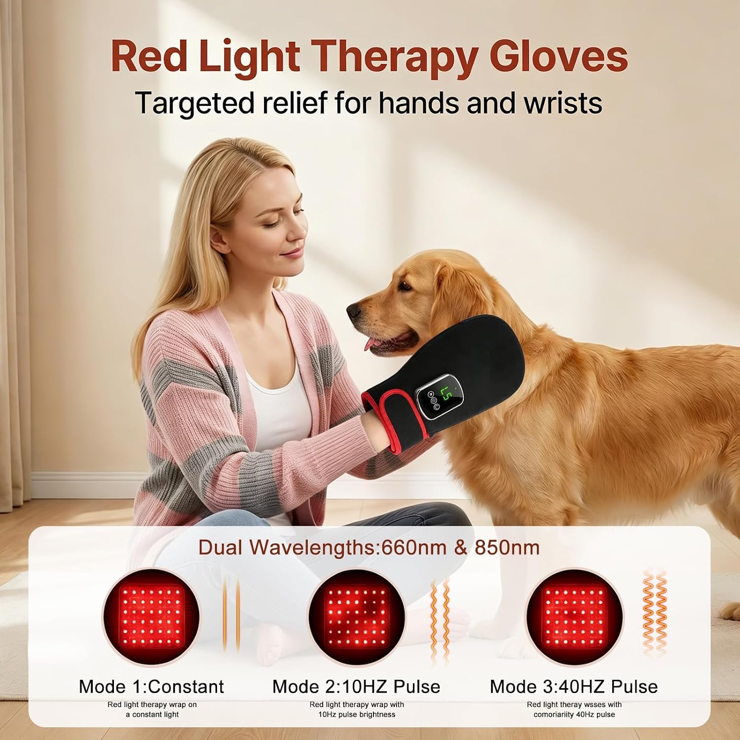 GUANTE DE TERAPIA DE LUZ ROJA BEYONDARKIE PARA ALIVIO DE DOLOR EN MANO, DEDOS Y MUÑECA, NEGRO - 5