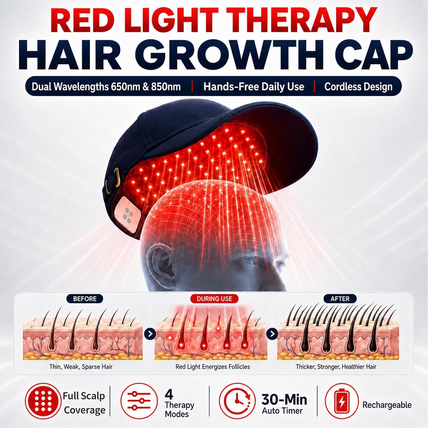 ALMOHADILLA TERAPÉUTICA MICENGYAN PARA CRECIMIENTO CAPILAR CON LUZ ROJA 650NM RECARGABLE AZUL - 2