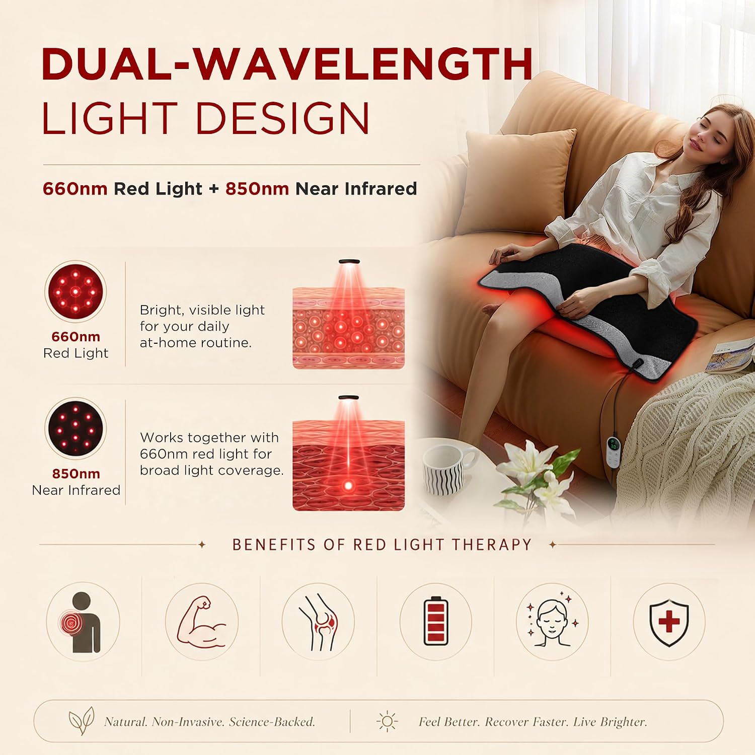 ALMOHADILLA TERAPÉUTICA DEERBABA RED LIGHT THERAPY 30.7X14.3 PULGADAS 276 LEDS - 3