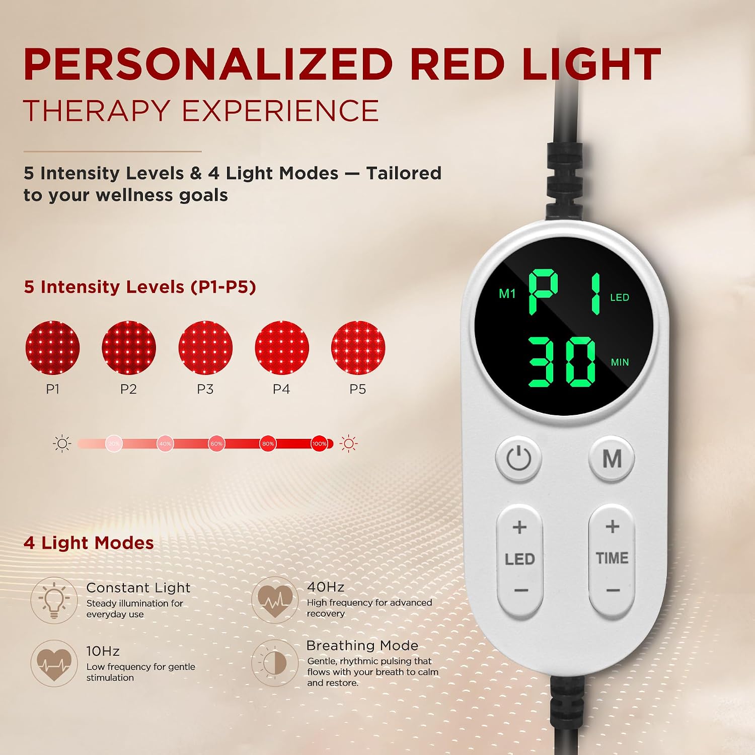 ALMOHADILLA TERAPÉUTICA DEERBABA RED LIGHT THERAPY 30.7X14.3 PULGADAS 276 LEDS - 5