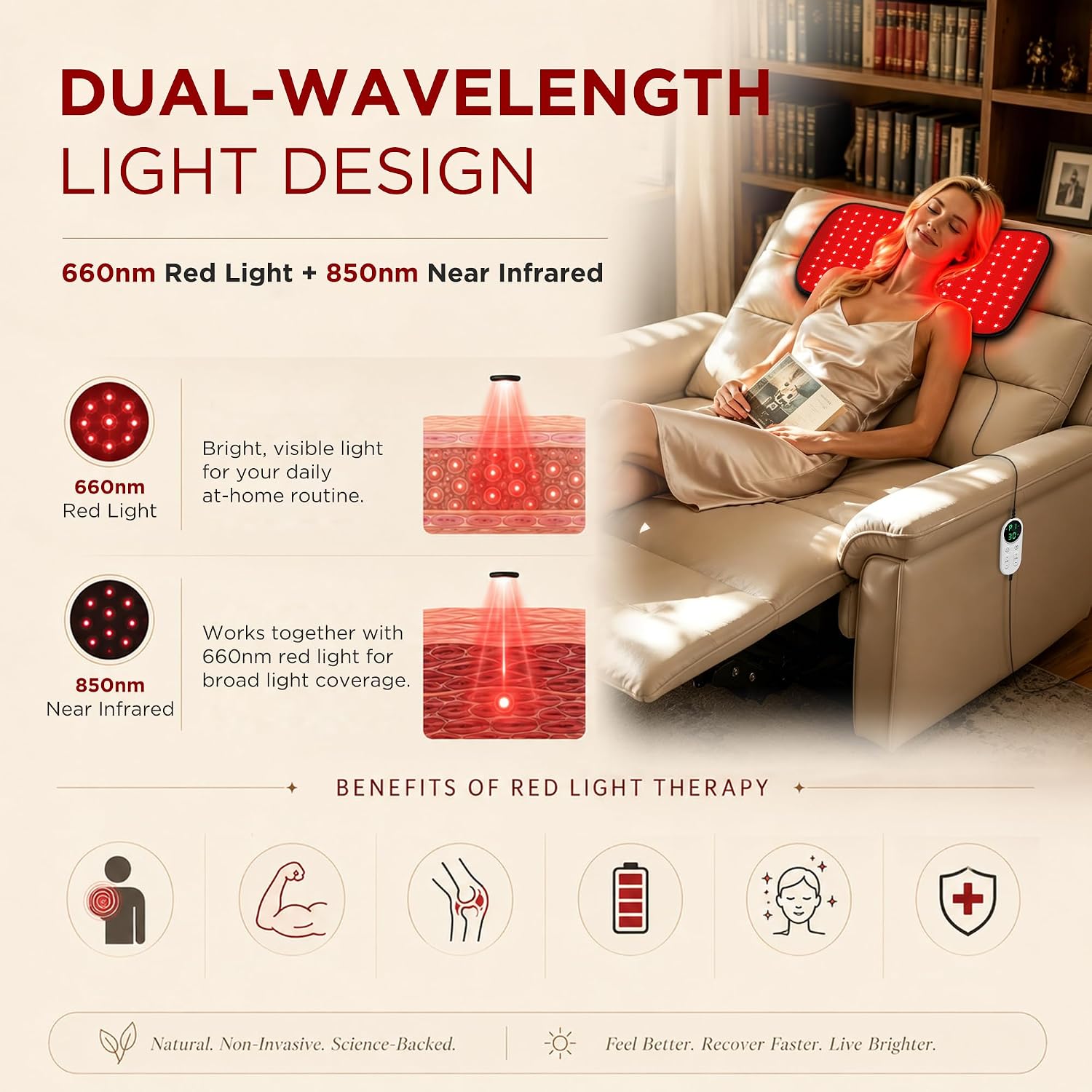 ALMOHADILLA TERAPÉUTICA DEERBABA 24X12 PULGADAS CON TERAPIA DE LUZ ROJA E INFRARROJA - 3