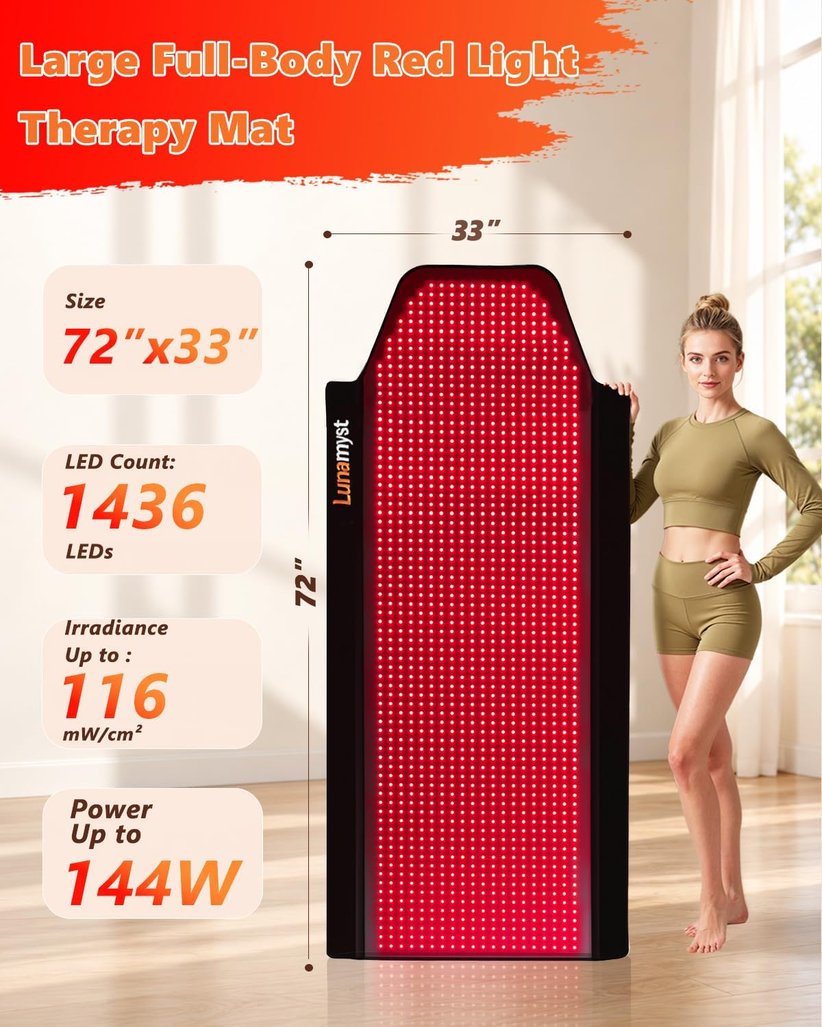 ALMOHADILLA TERAPÉUTICA LUNAMYST RED LIGHT THERAPY MAT 72 X 33 PULG 1436 LEDS 660/850NM - 3