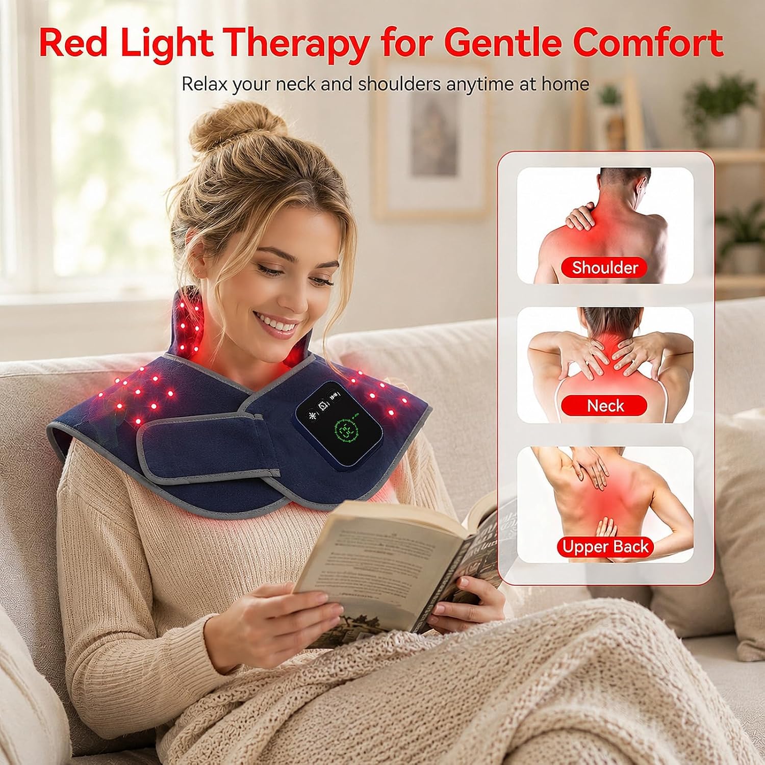 ALMOHADILLA TERAPÉUTICA RICIAL CON LUZ ROJA Y LUZ INFRARROJA PARA CUELLO Y HOMBROS, BATERÍA 5000MAH - 2