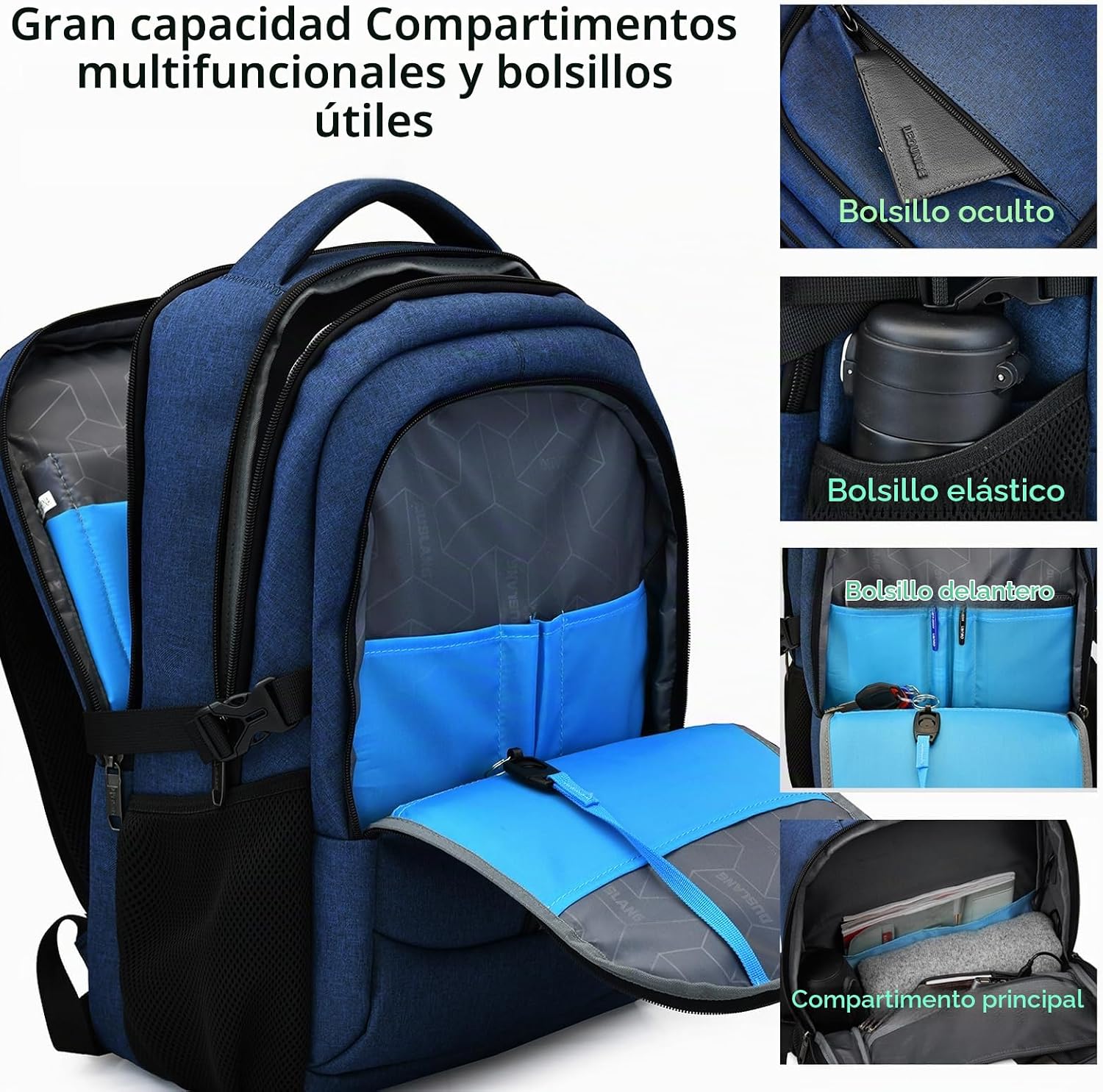 MOCHILA PARA LAPTOP DUSLANG 17 PULGADAS CON PUERTO USB Y CUBIERTA IMPERMEABLE AZUL - 3