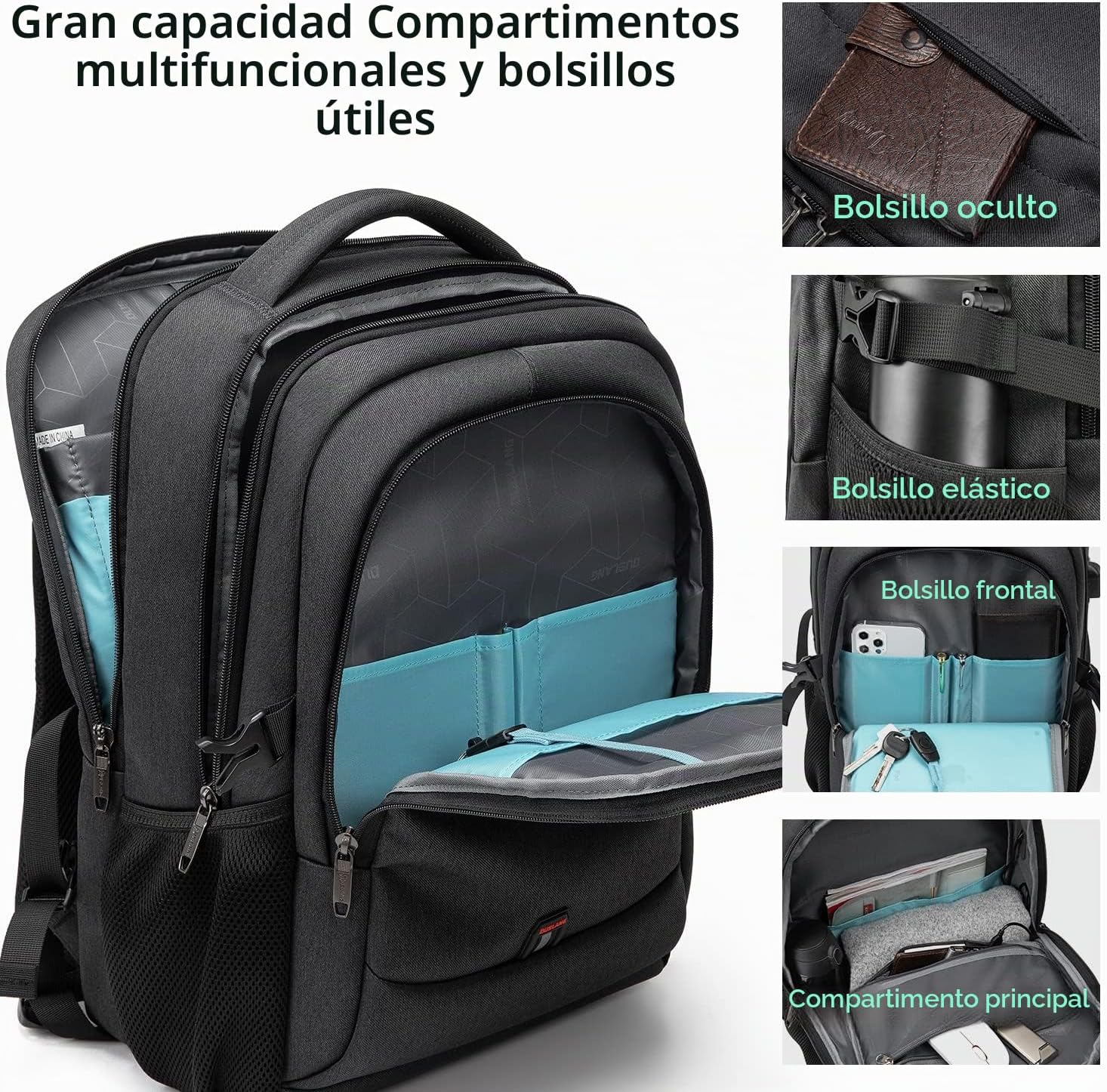 MOCHILA PARA LAPTOP DUSLANG 17 PULGADAS CON PUERTO USB PARA CARGA COLOR NEGRO - 5