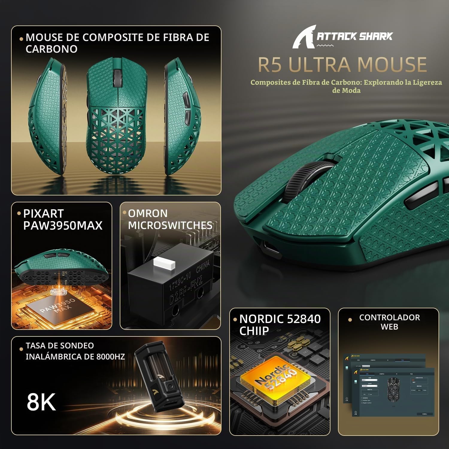 MOUSE GAMER ATTACK SHARK R5 ULTRA 8K FIBRA DE CARBONO INALÁMBRICO VERDE - 2