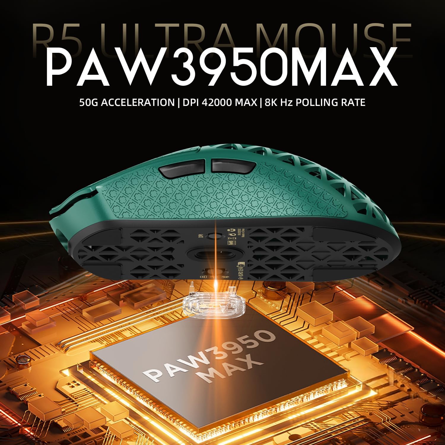 MOUSE GAMER ATTACK SHARK R5 ULTRA 8K FIBRA DE CARBONO INALÁMBRICO VERDE - 3