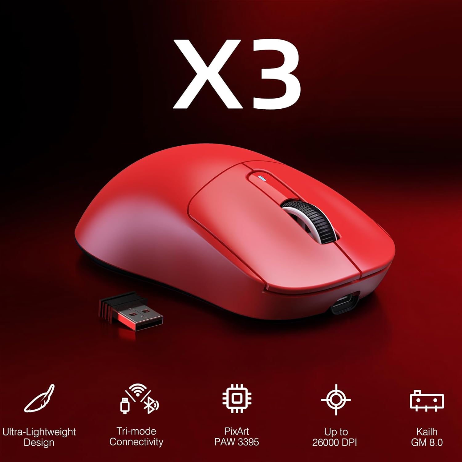 MOUSE GAMER MANBASNAKE ATTACK SHARK X3 49G ULTRA LIGERO INALÁMBRICO ROJO - 2