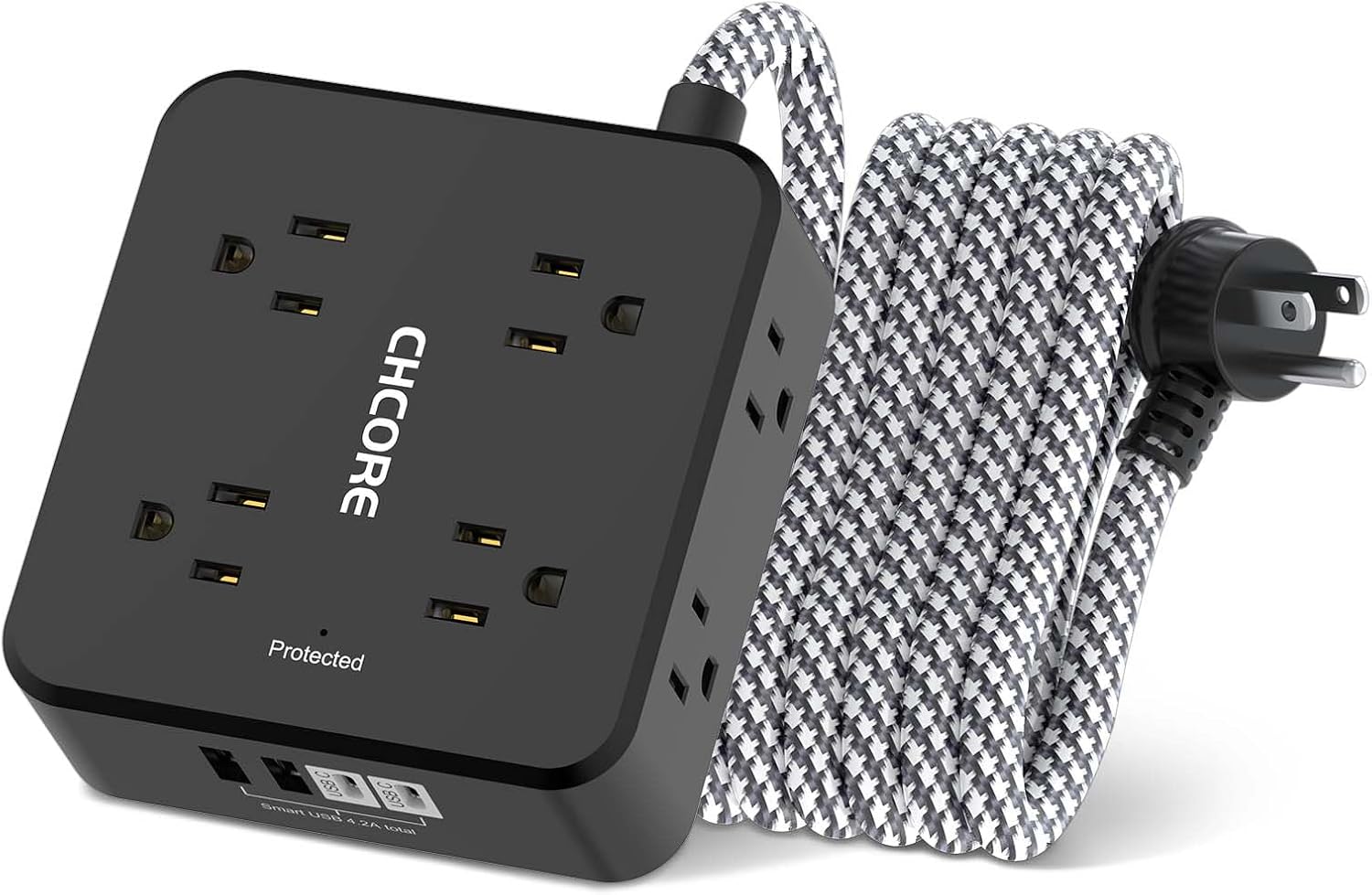 REGLETA CON PROTECTOR DE SOBRETENSIÓN CHCORE 10 PIES 8 TOMAS 4 PUERTOS USB NEGRA - 1