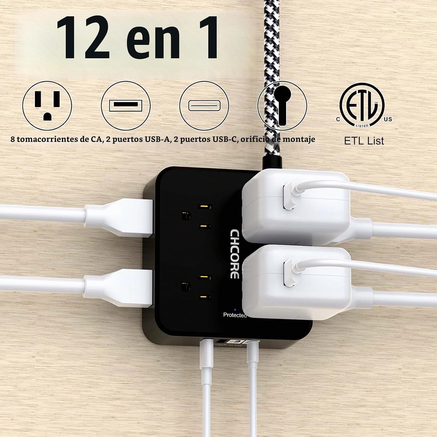 REGLETA CON PROTECTOR DE SOBRETENSIÓN CHCORE 10 PIES 8 TOMAS 4 PUERTOS USB NEGRA - 2