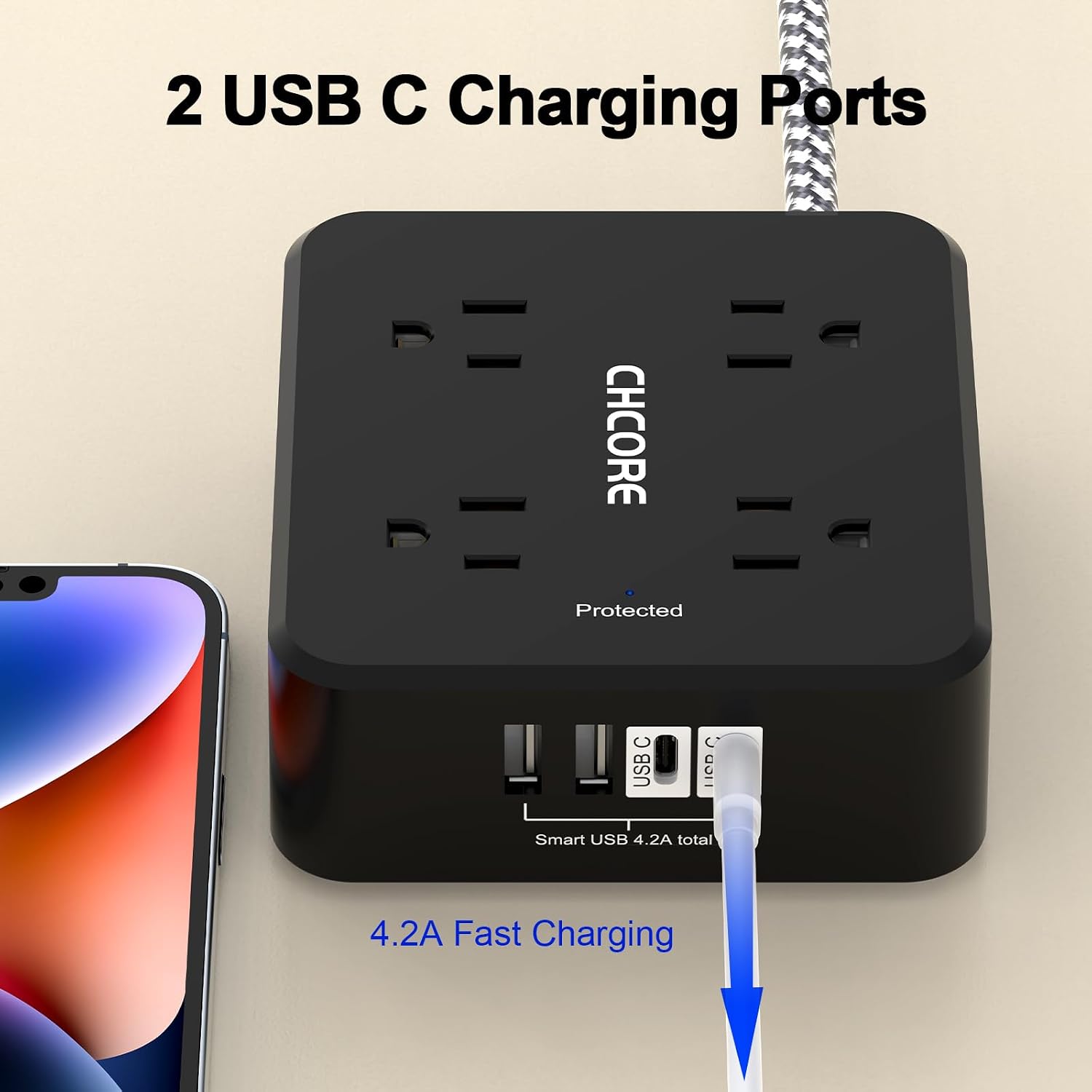 REGLETA CON PROTECTOR DE SOBRETENSIÓN CHCORE 10 PIES 8 TOMAS 4 PUERTOS USB NEGRA - 3