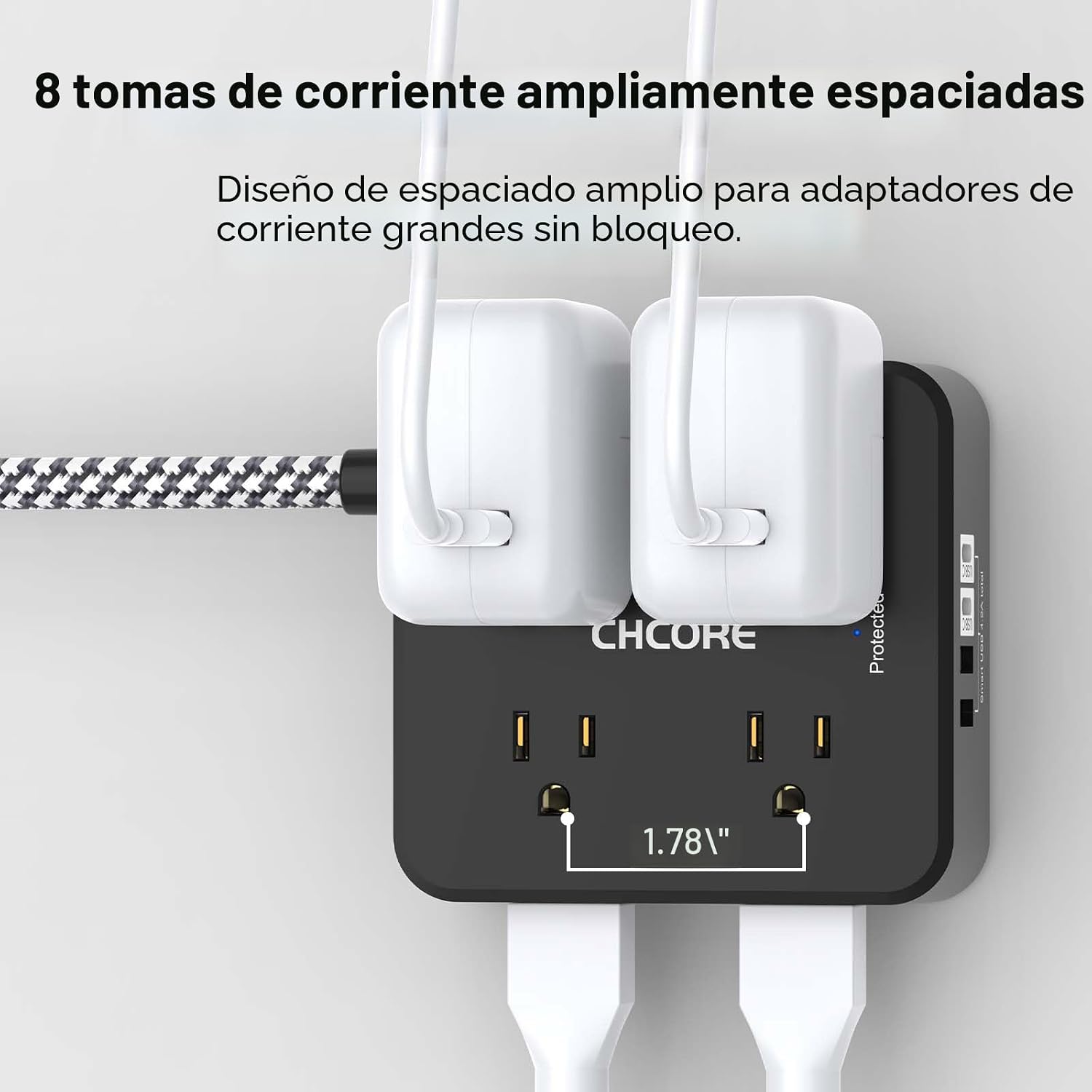 REGLETA CON PROTECTOR DE SOBRETENSIÓN CHCORE 10 PIES 8 TOMAS 4 PUERTOS USB NEGRA - 4