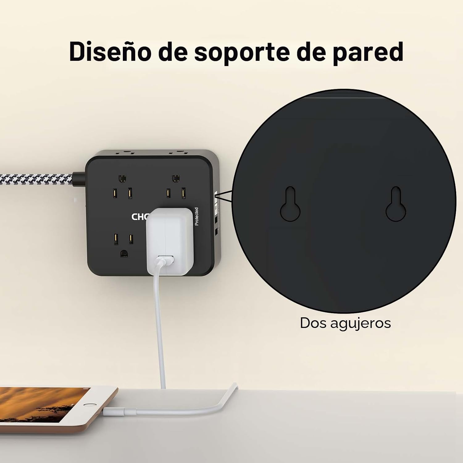 REGLETA CON PROTECTOR DE SOBRETENSIÓN CHCORE 10 PIES 8 TOMAS 4 PUERTOS USB NEGRA - 5
