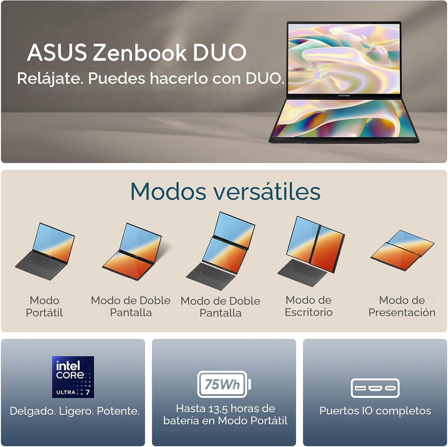 LAPTOP ASUS ZENBOOK DUO DUAL 14' OLED 3K 120HZ TOUCHSCREEN INTEL CORE ULTRA 7 255H 32GB RAM 1TB SSD GRIS - 2