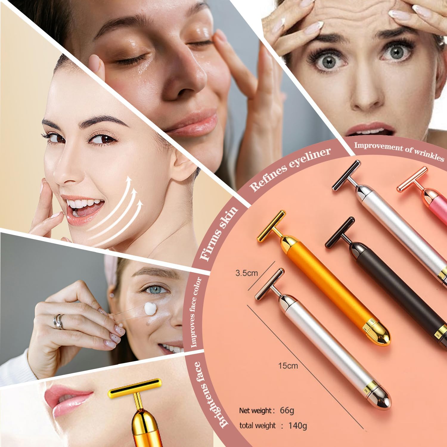MASAJEADOR FACIAL AMZVEZO BEAUTY BAR 24K GOLD T SHAPE ROSA - 2