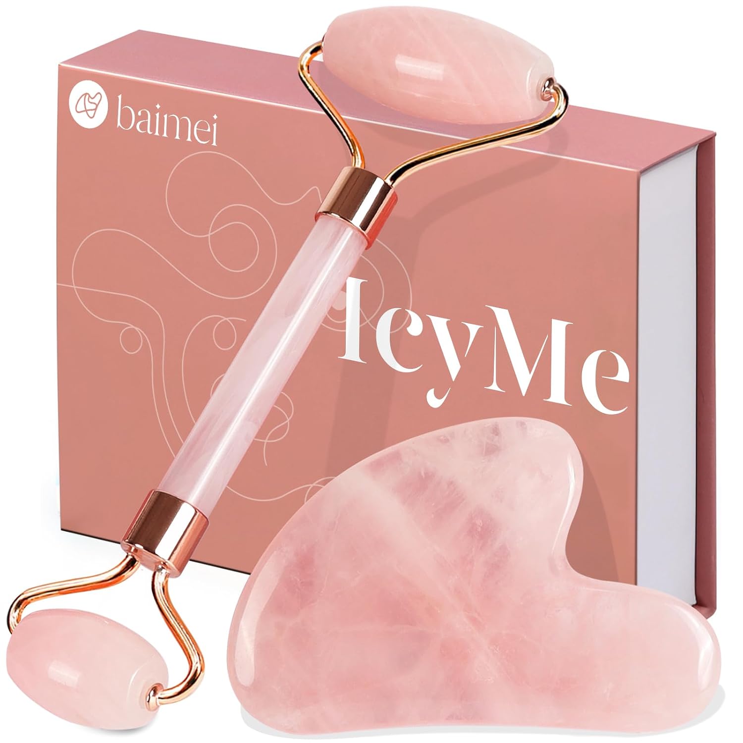 SET DE RODILLO FACIAL Y GUA SHA BAIMEI CUARZO ROSA - 1