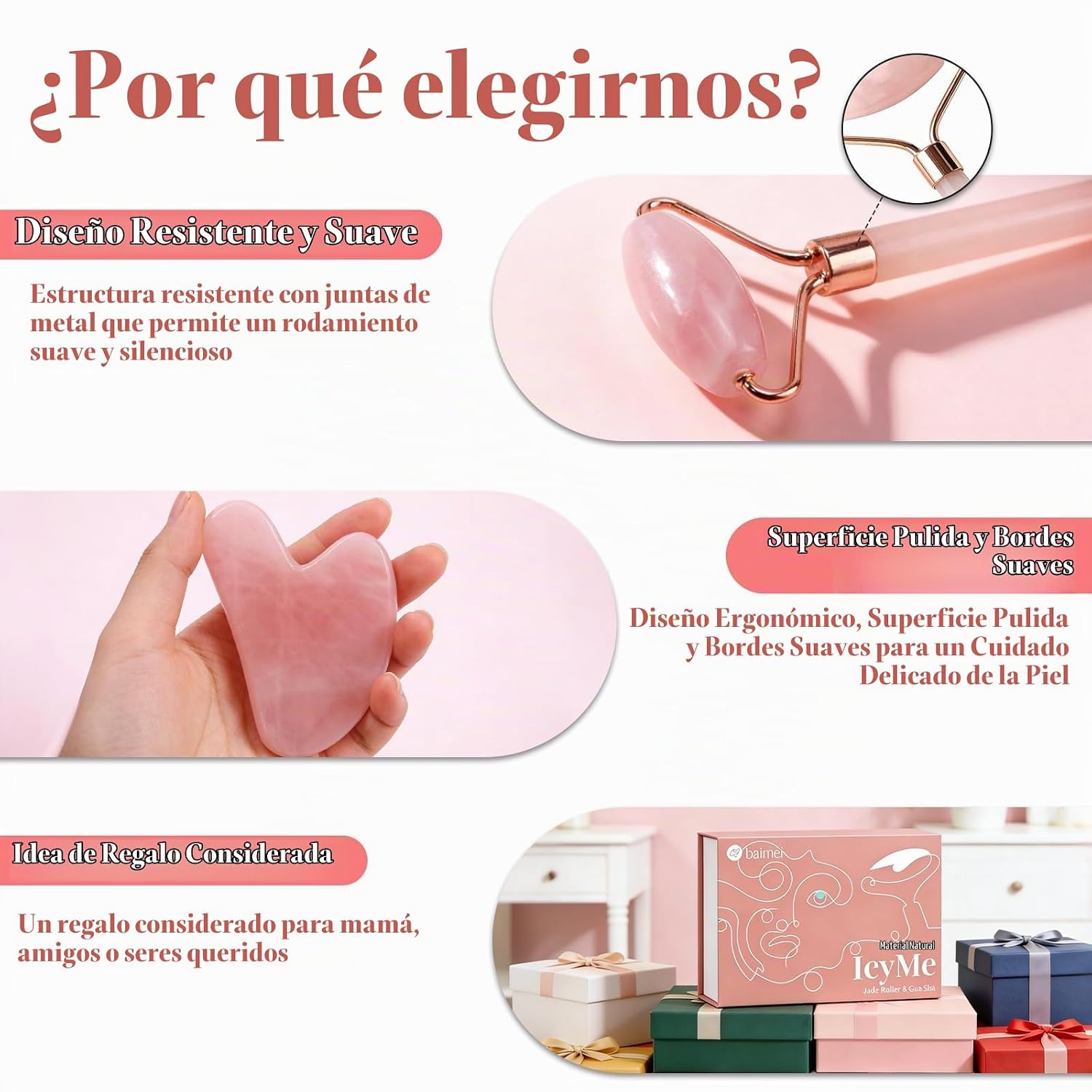 SET DE RODILLO FACIAL Y GUA SHA BAIMEI CUARZO ROSA - 4