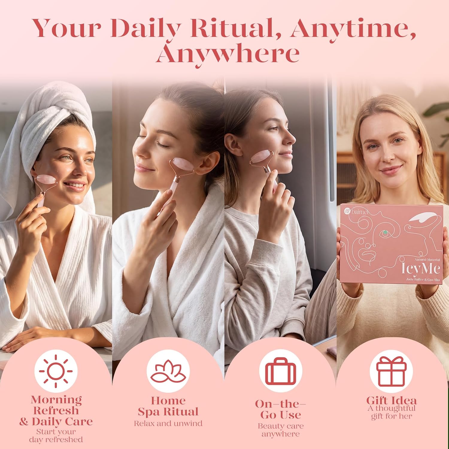 SET DE RODILLO FACIAL Y GUA SHA BAIMEI CUARZO ROSA - 5