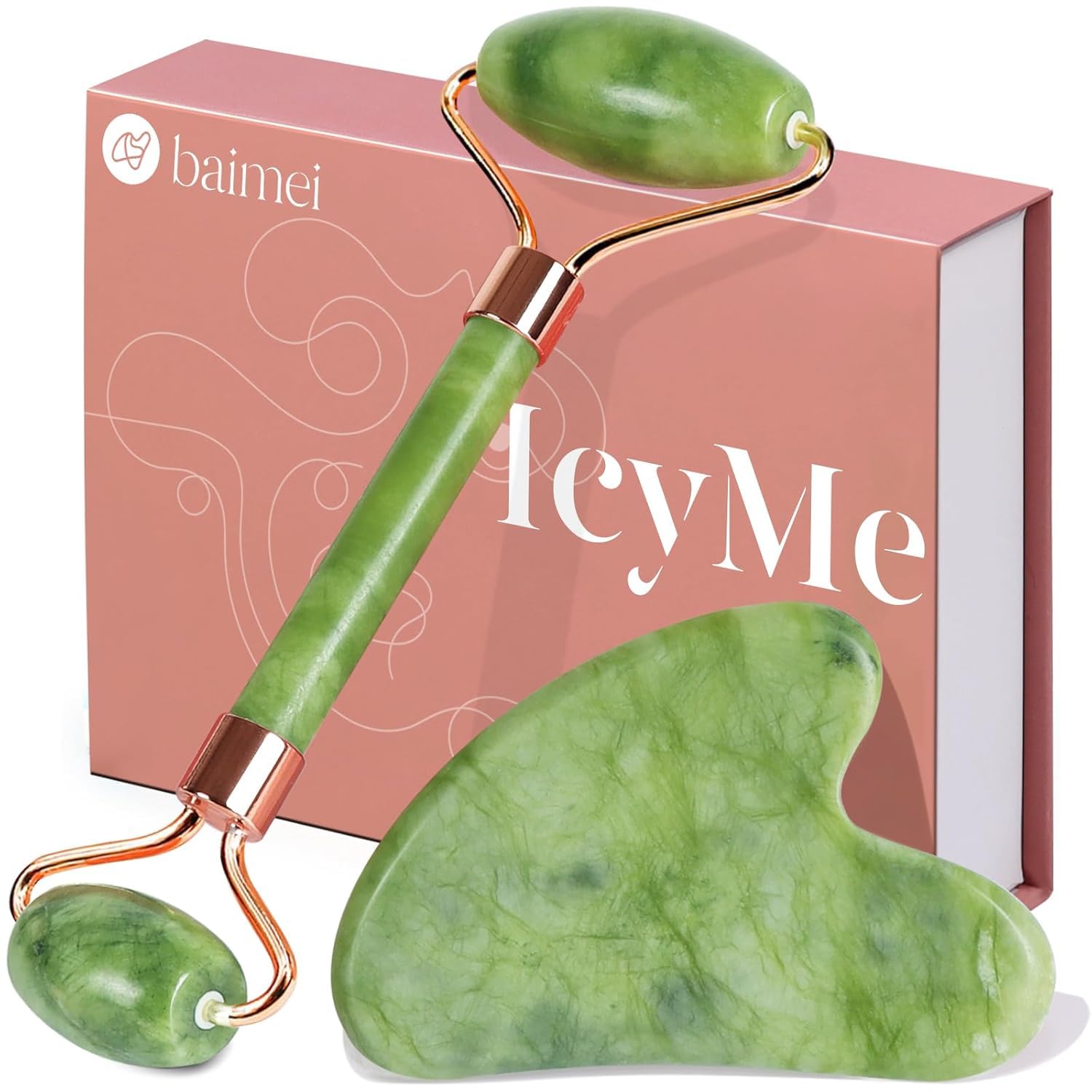 SET DE MASAJE FACIAL BAIMEI ICYME CON GUA SHA Y RODILLO DE JADE - 1