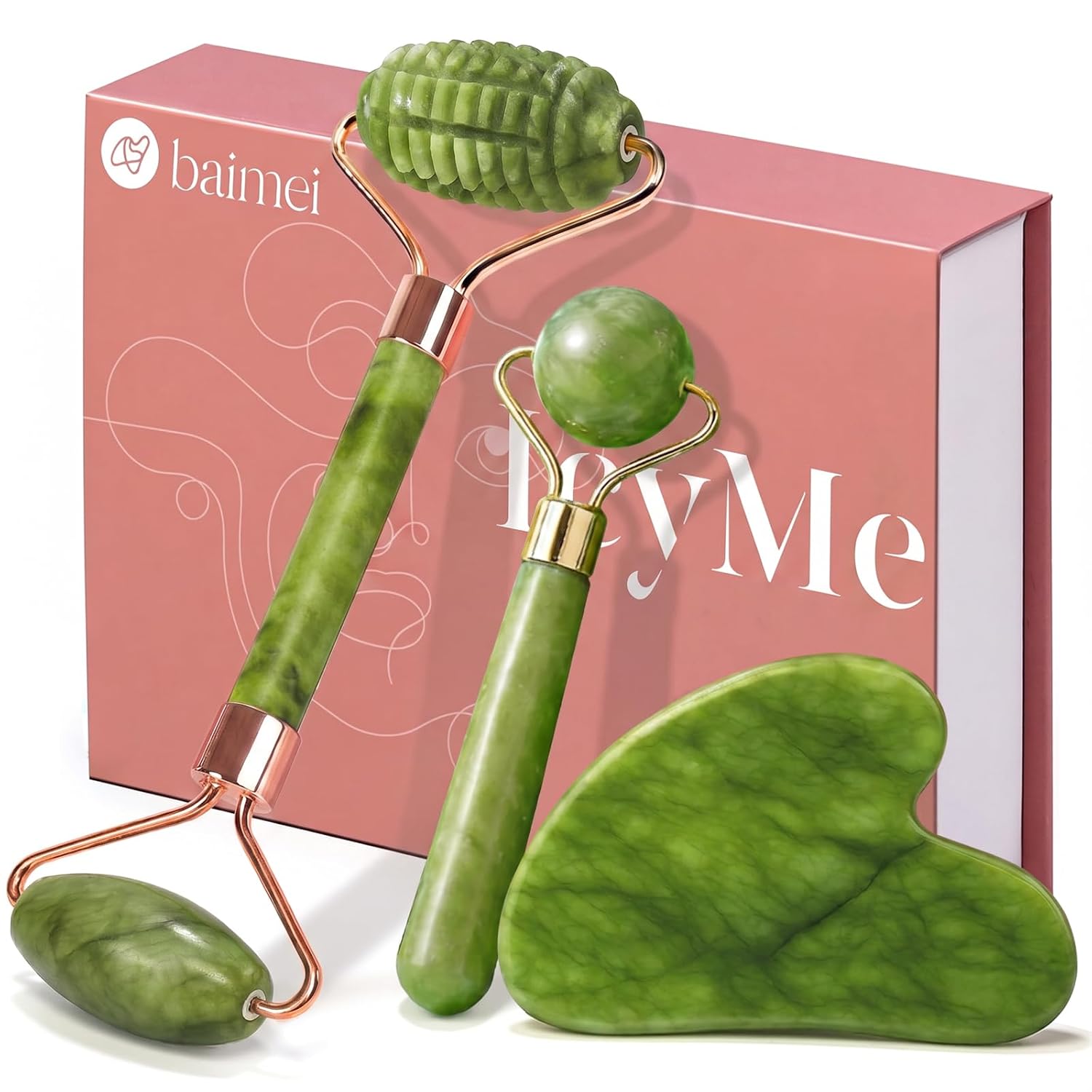 RODILLO FACIAL Y GUA SHA BAIMEI ICYME DE JADE PARA REDUCIR HINCHAZÓN Y REAFIRMAR PIEL - 1