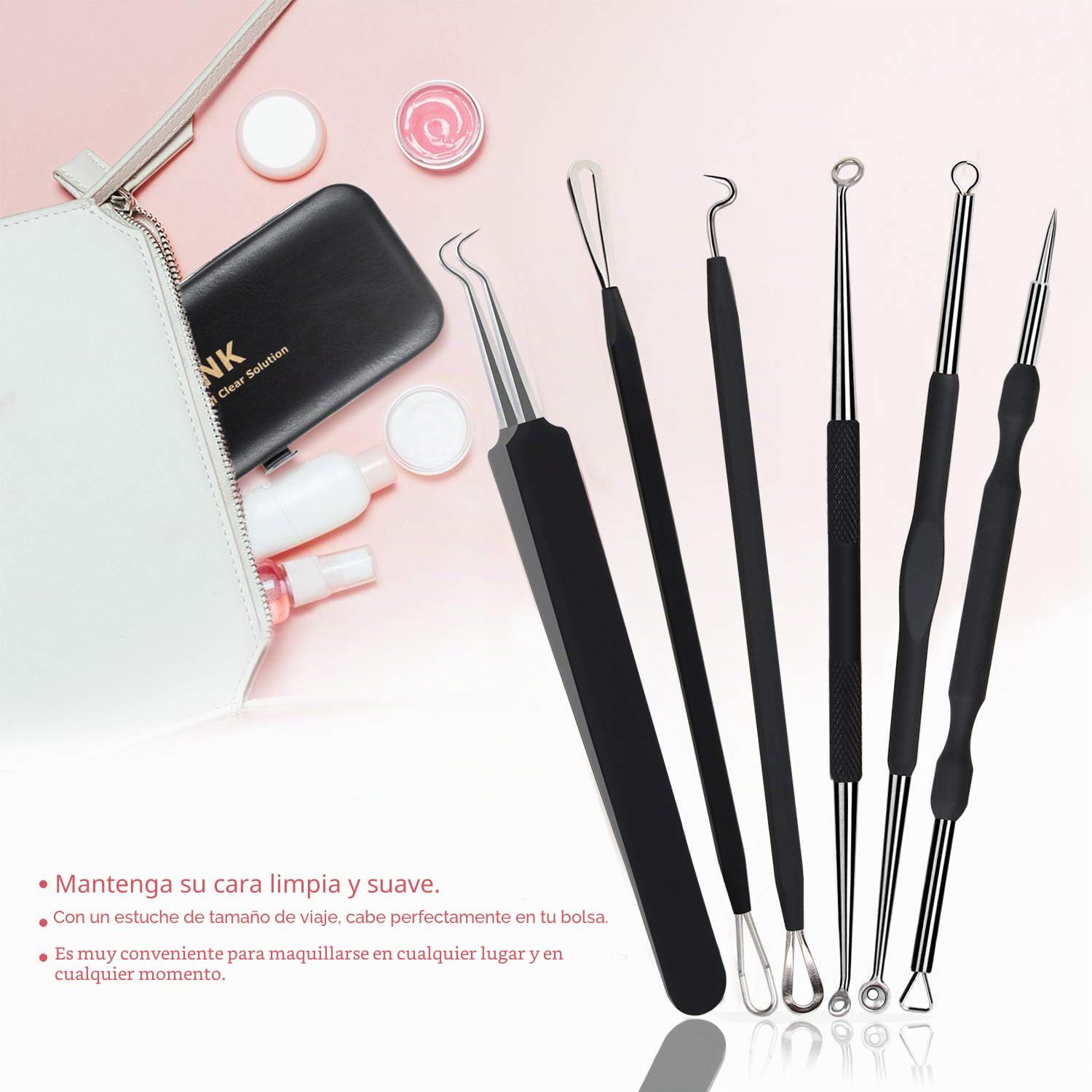 KIT REMOVEDOR DE PUNTOS NEGROS JPNK 6 PIEZAS CON ESTUCHE DE CUERO NEGRO - 2