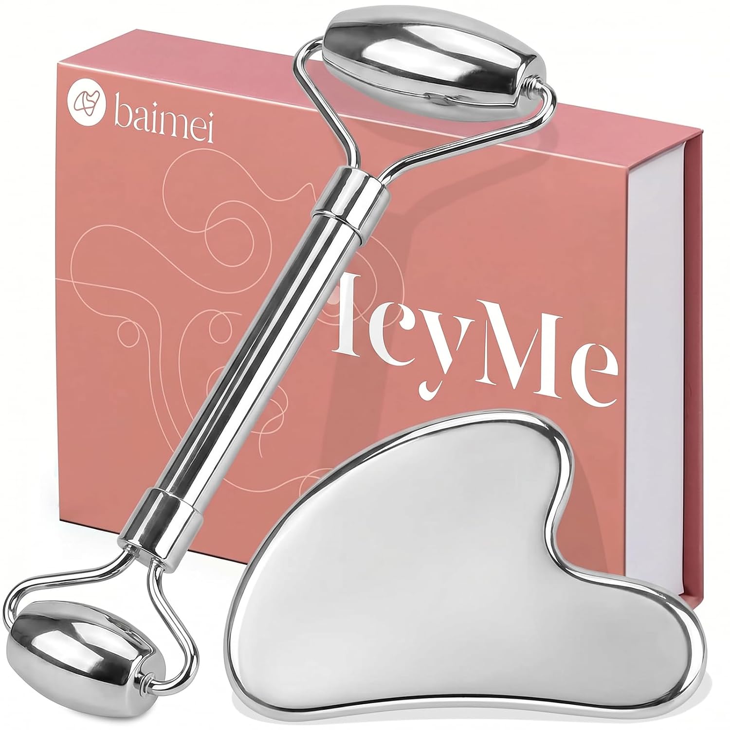 SET DE MASAJE FACIAL BAIMEI ICYME ACERO INOXIDABLE GUA SHA Y RODILLO - 1