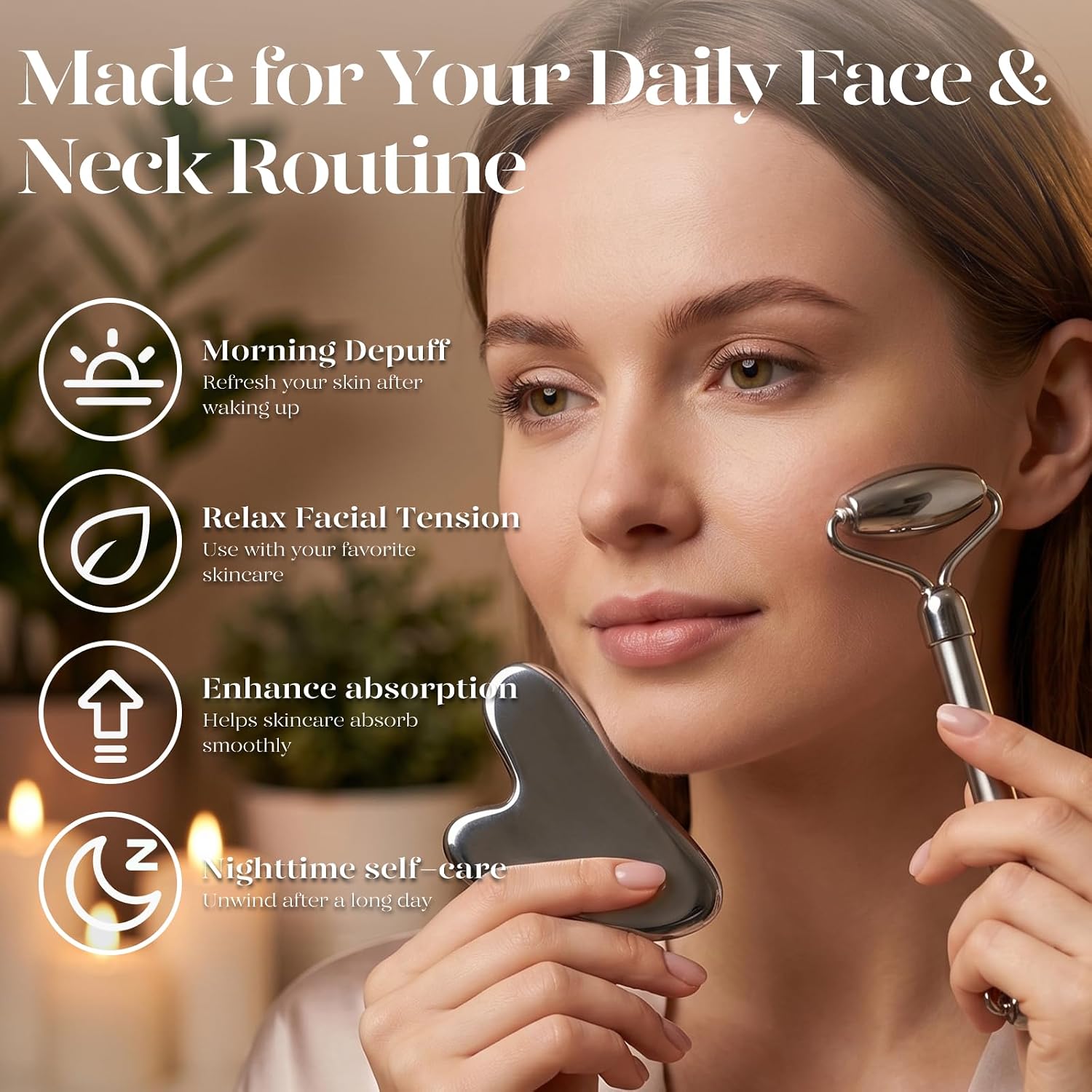 SET DE MASAJE FACIAL BAIMEI ICYME ACERO INOXIDABLE GUA SHA Y RODILLO - 3