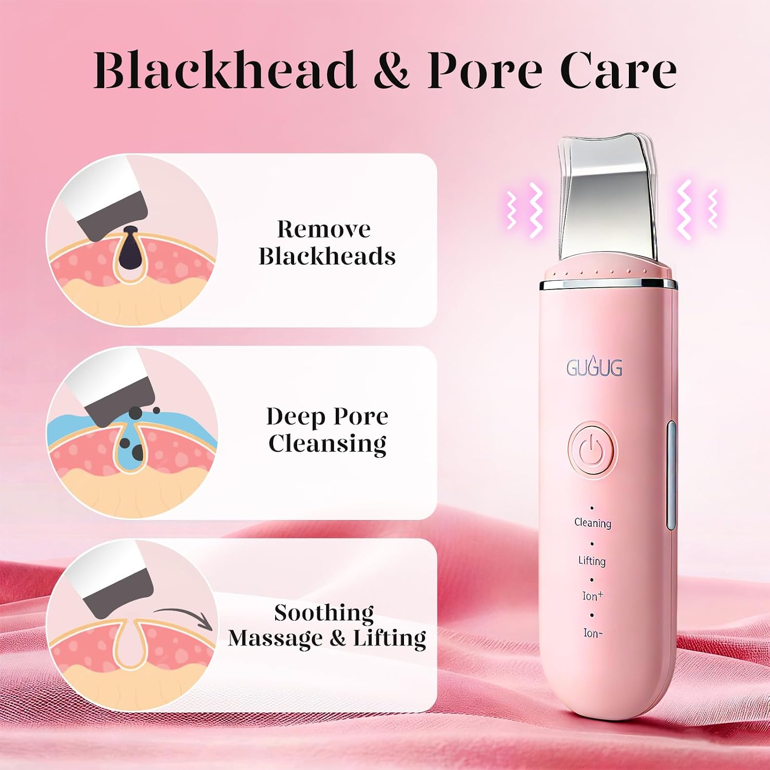 ESPÁTULA LIMPIADORA FACIAL GUGUG SKIN SCRUBBER 4 MODOS ROSA - 2