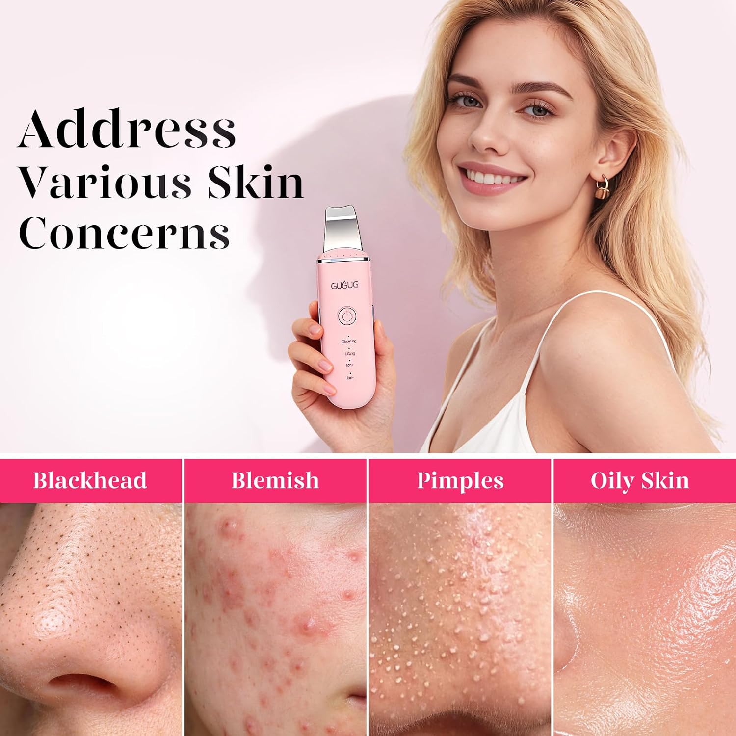 ESPÁTULA LIMPIADORA FACIAL GUGUG SKIN SCRUBBER 4 MODOS ROSA - 3