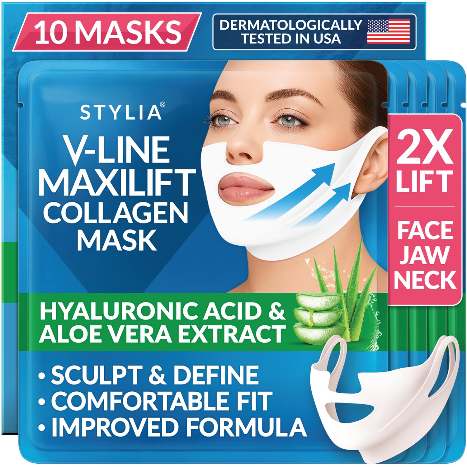 MASCARILLA FACIAL STYLIA MAXILIFT V-LINE CON COLÁGENO Y ÁCIDO HIALURÓNICO 10 UNIDADES - 1