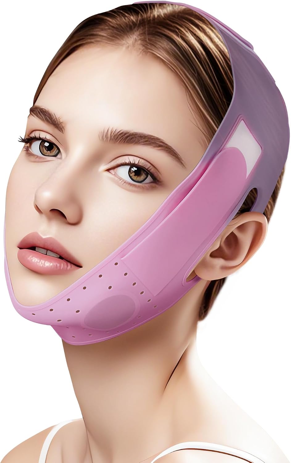MASCARILLA FACIAL V-LINE JUSMORE CON CORREA DE SILICONA PARA REAFIRMAR MANDÍBULA COLOR ROSA PÚRPURA - 1