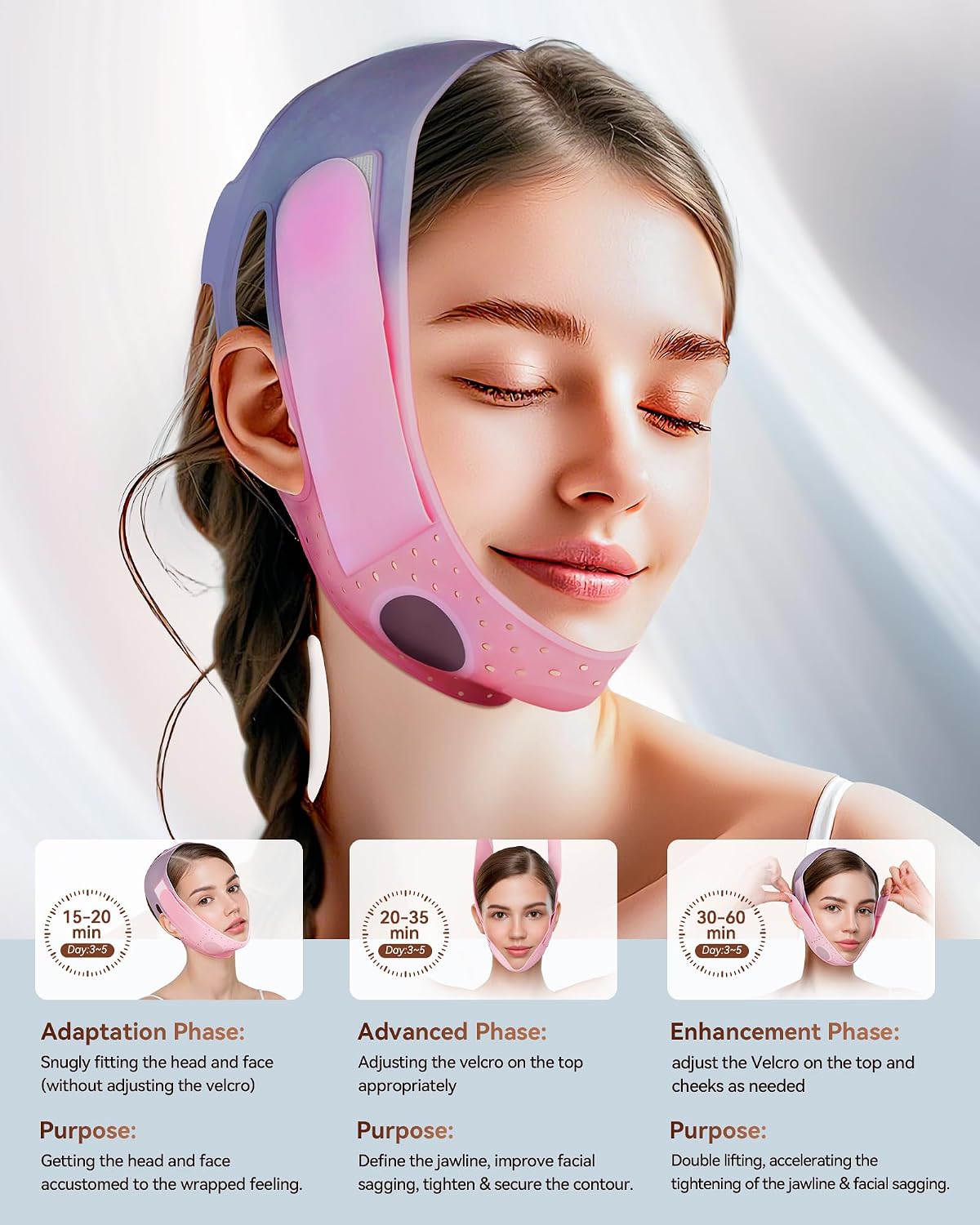 MASCARILLA FACIAL V-LINE JUSMORE CON CORREA DE SILICONA PARA REAFIRMAR MANDÍBULA COLOR ROSA PÚRPURA - 3
