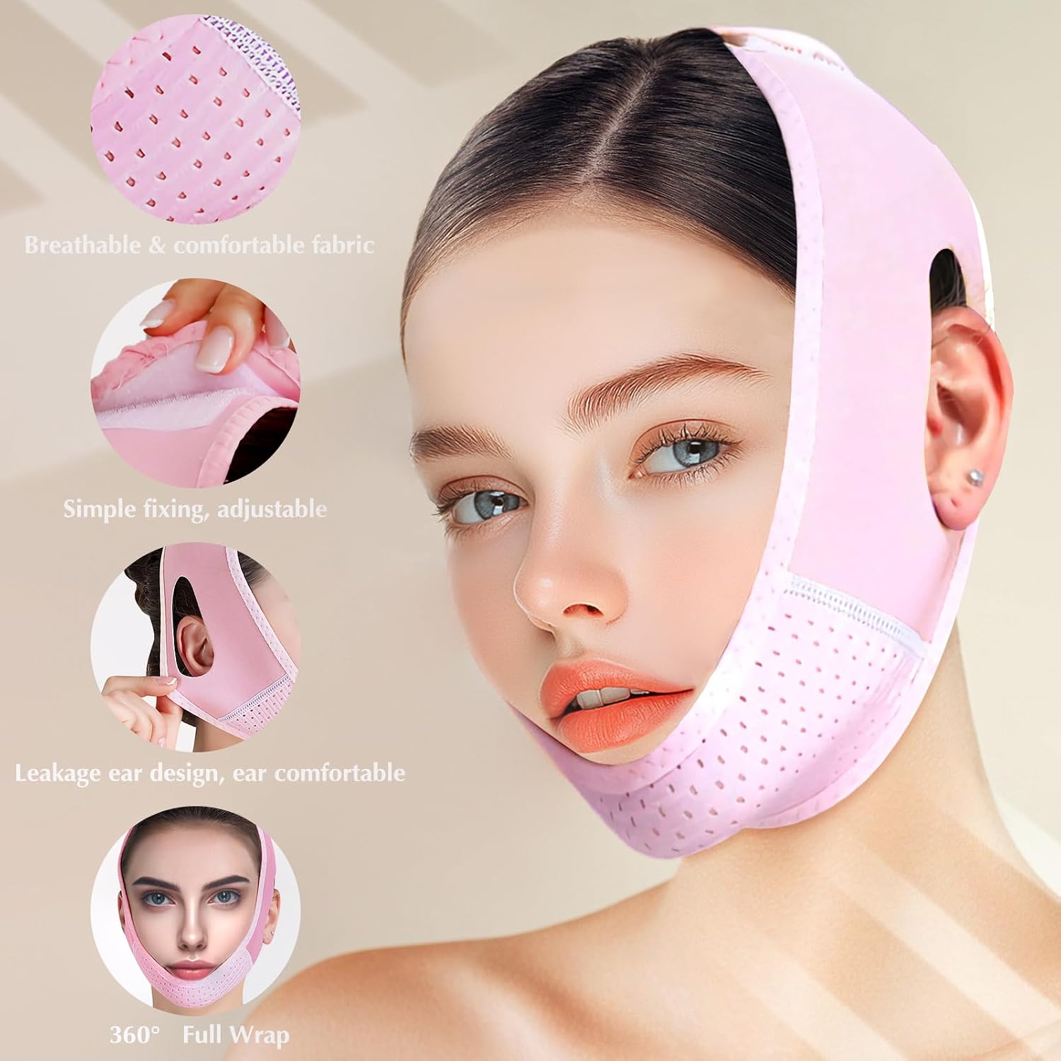 MASCARILLA FACIAL V LINE BEISKLL CON BANDA PARA BARBILLA REUTILIZABLE ROSA - 3