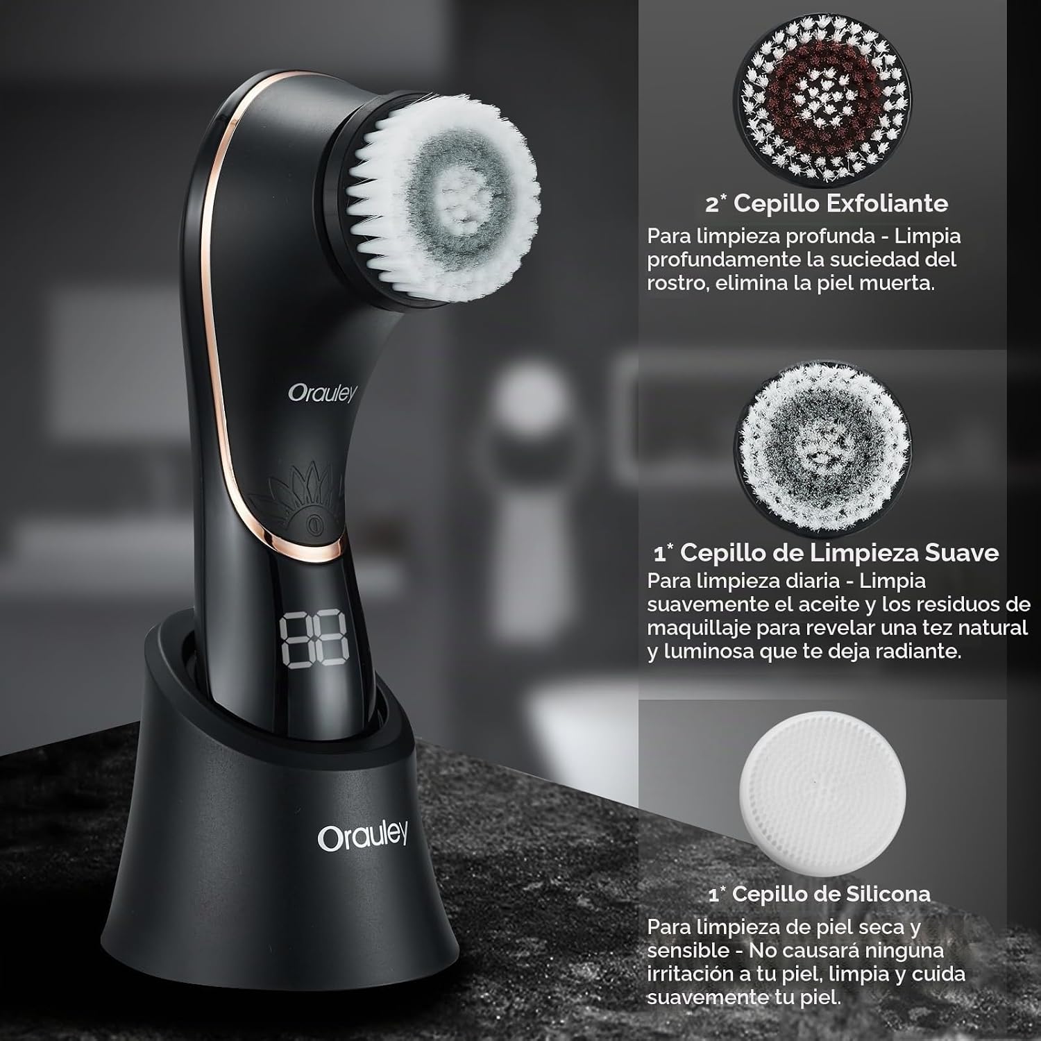 CEPILLO FACIAL ELÉCTRICO ORAULEY RECARGABLE IPX7 NEGRO CON 4 CABEZAS - 3