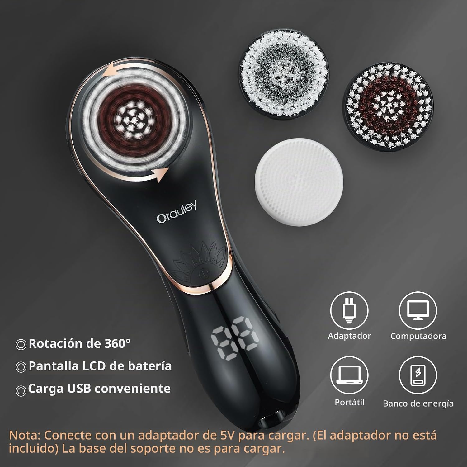 CEPILLO FACIAL ELÉCTRICO ORAULEY RECARGABLE IPX7 NEGRO CON 4 CABEZAS - 4