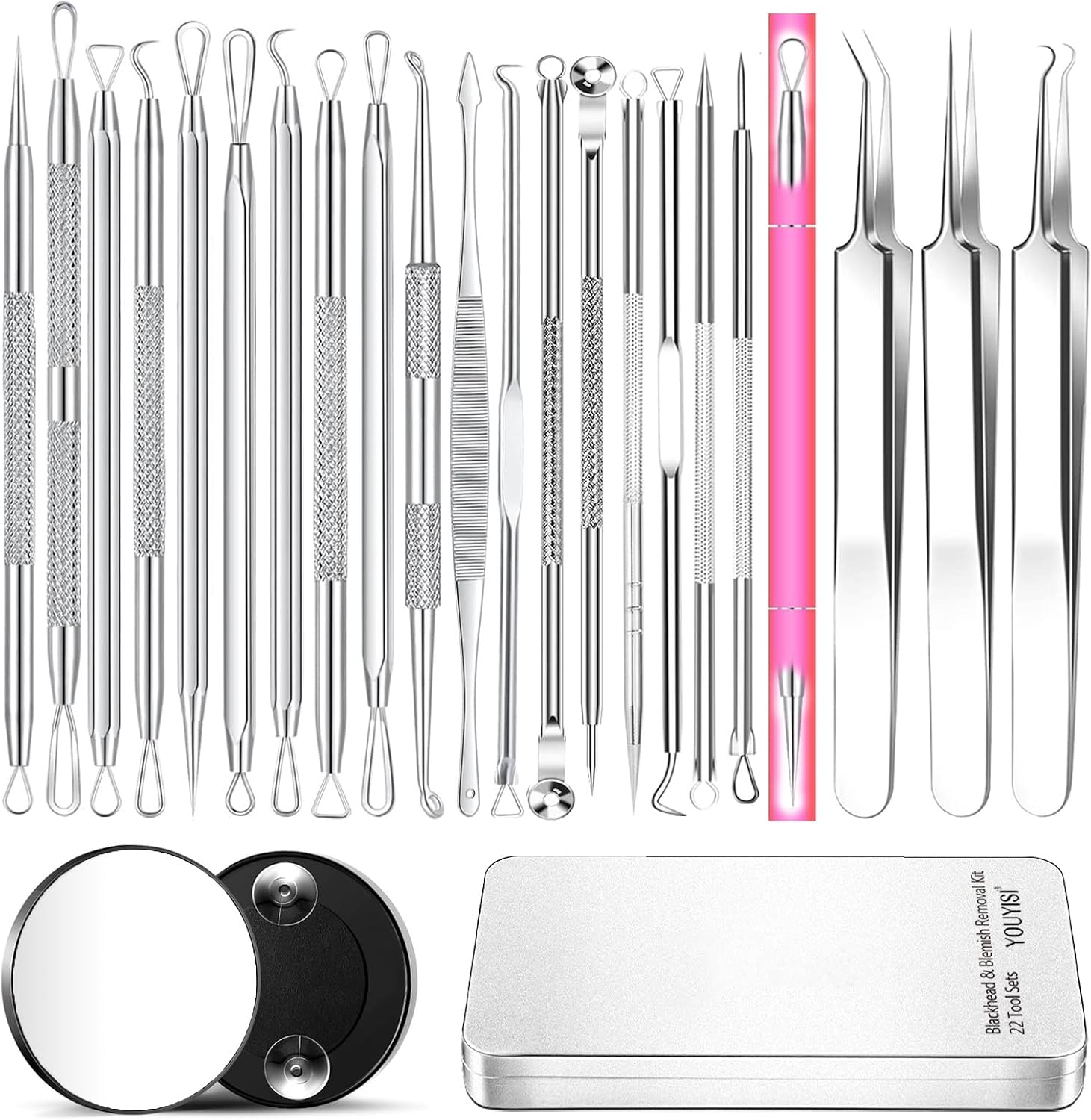 KIT EXTRACTOR DE ESPINILLAS YOUYISI 22 PIEZAS CON ESPEJO Y ESTUCHE METÁLICO - 1