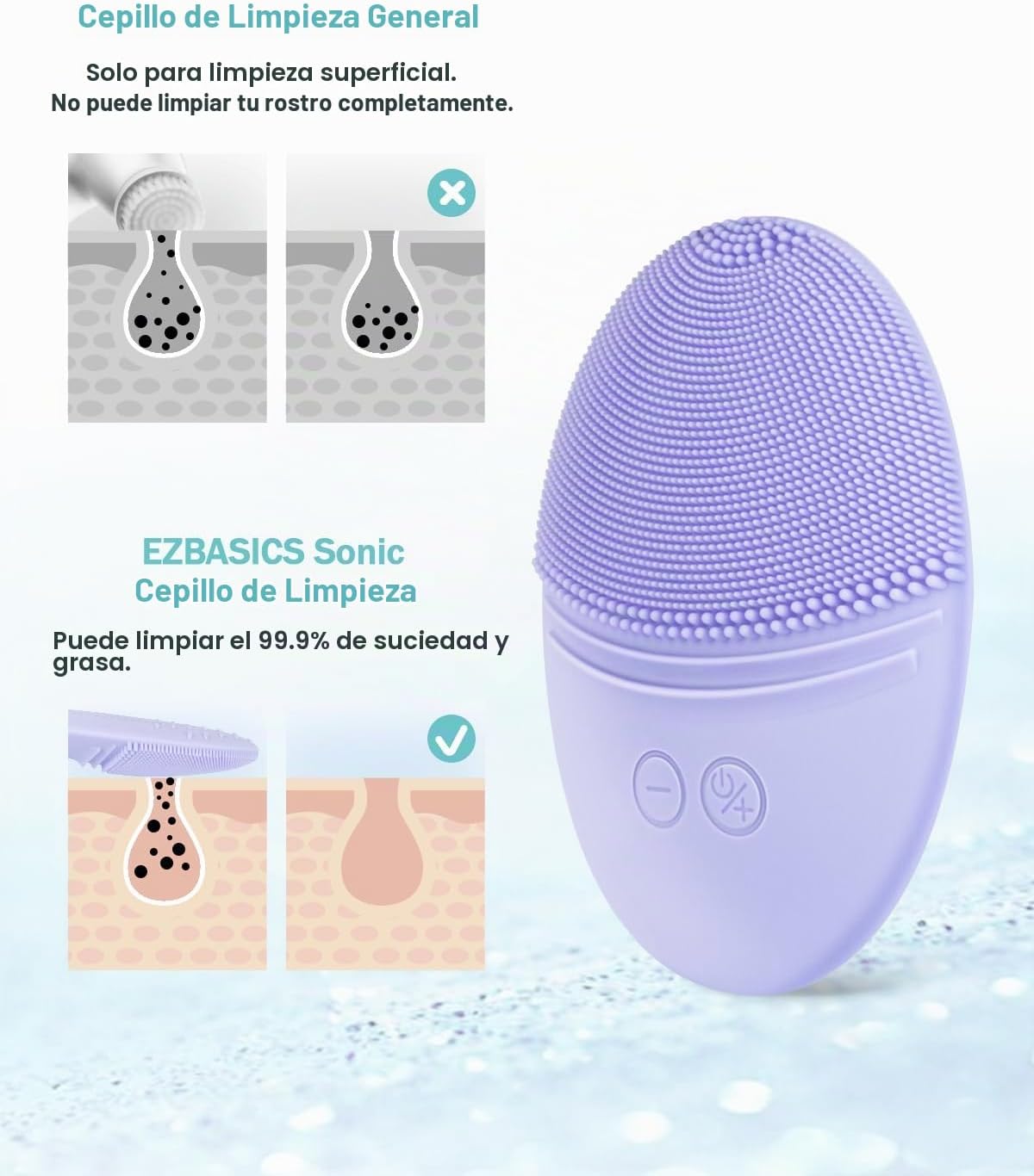 CEPILLO FACIAL DE SILICONA EZBASICS F518 VIOLETA IMPERMEABLE IPX7 - 3